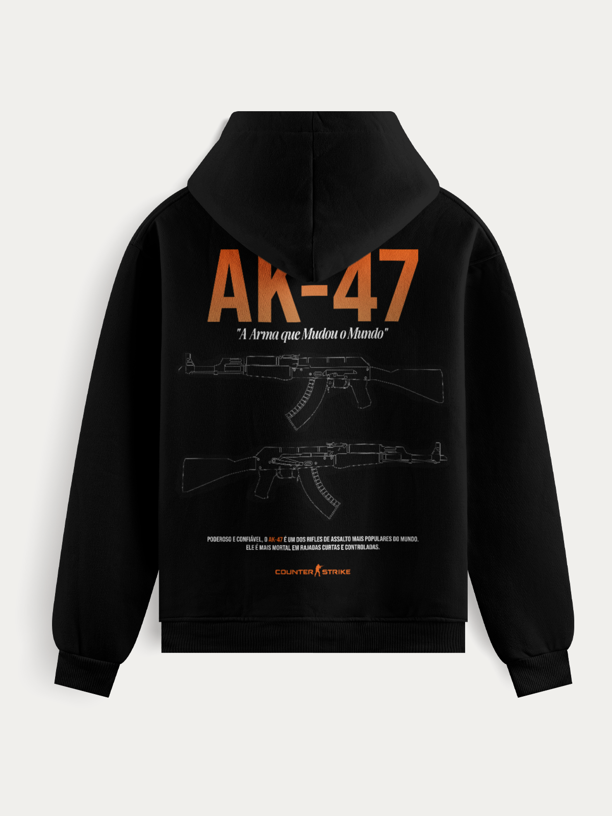 Moletom AK-47 Counter Strike II com estampa blueprint técnica da arma, tecido macio e durável, costuras reforçadas e estilo gamer inspirado no clássico do CS.