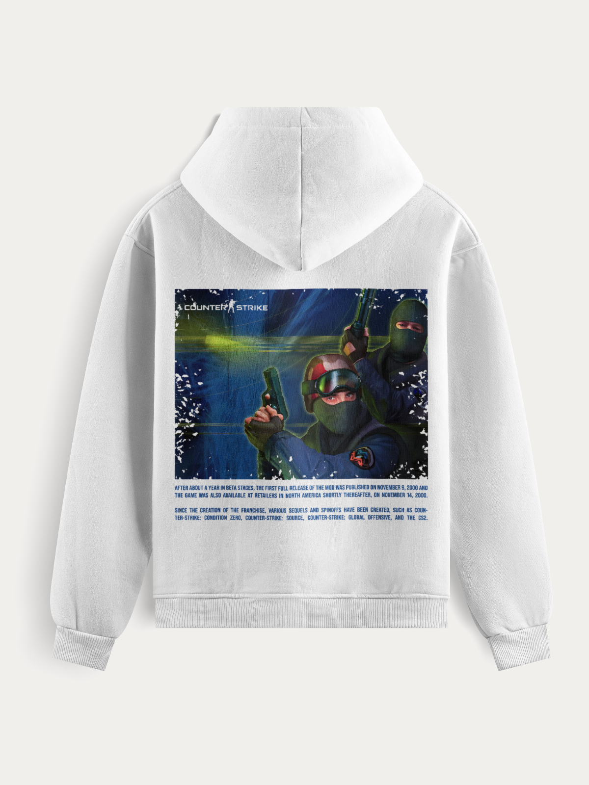Moletom inspirado no menu principal do Counter-Strike 1.6, com estampa dos agentes CT em DTF de alta definição, tecido grosso e acabamento premium para jogadores nostálgicos.