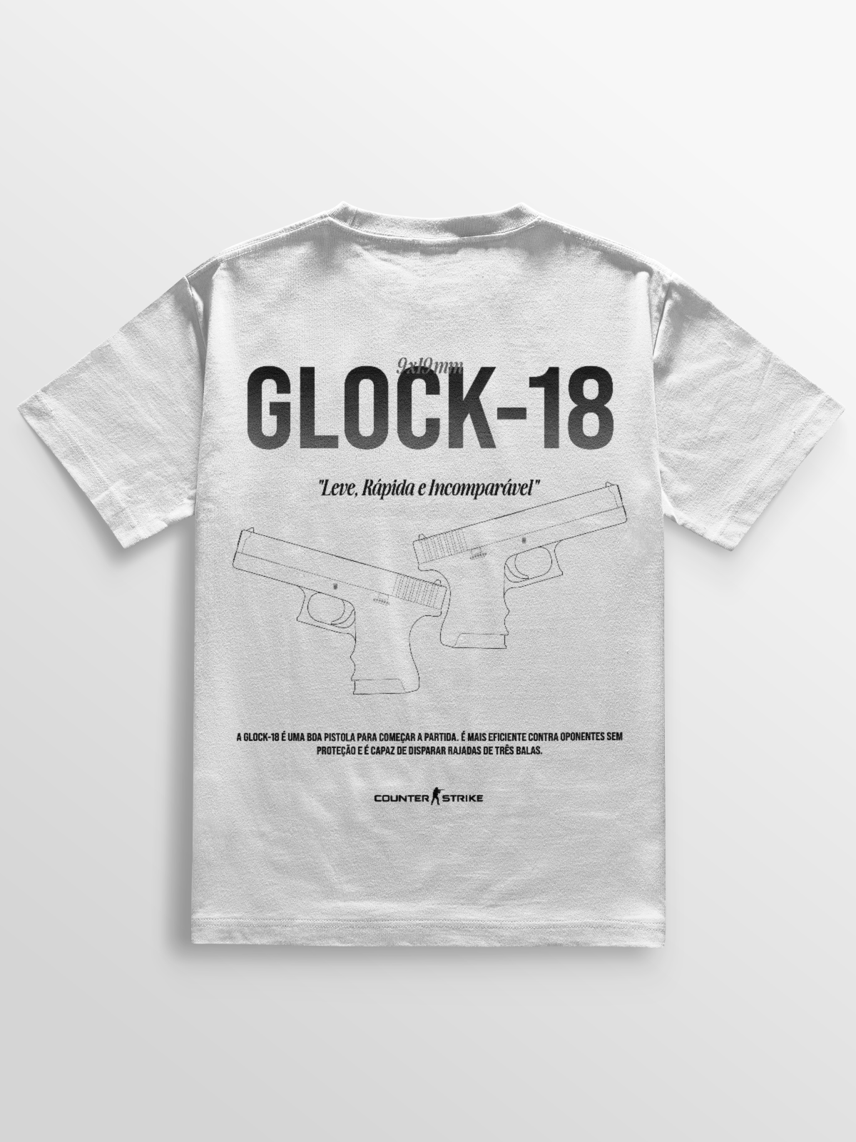 Camiseta Glock-18 com blueprint técnico da pistola, estampa DTF durável e frase temática. Ideal para fãs de CS e cultura tática.