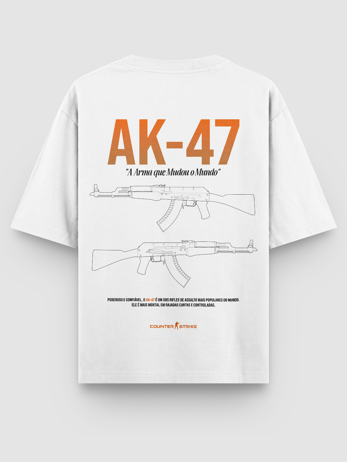 Camiseta AK-47 Counter Strike II com estampa blueprint em DTF, feita em algodão penteado de alta qualidade. Conforto e estilo para fãs do FPS mais jogado do mundo.