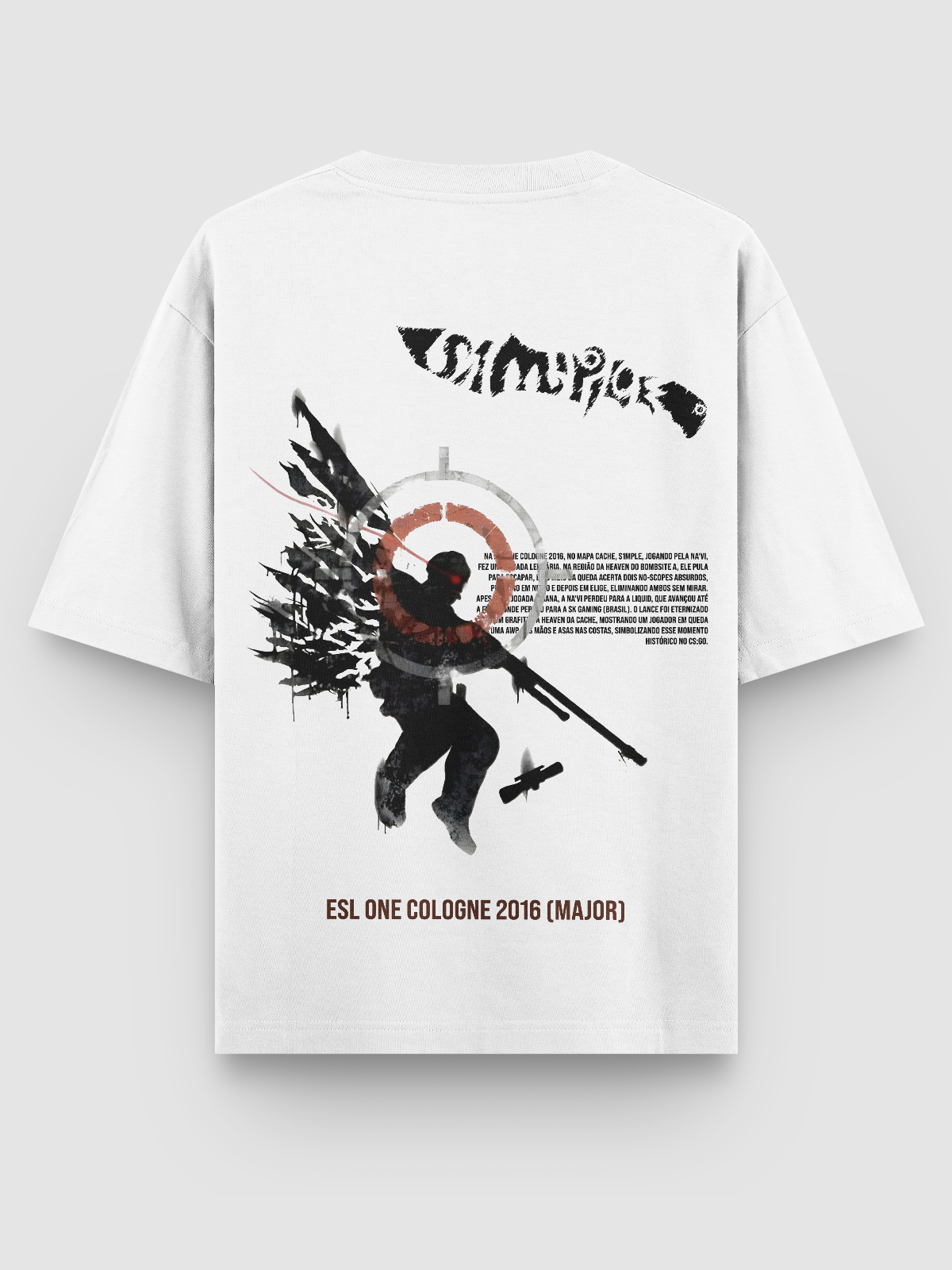 Camiseta oversized branca e preta com estampa do grafite de s1mple no Cache, representando a lendária jogada na ESL One Cologne 2016 com dois no-scopes enquanto caía da heaven.;