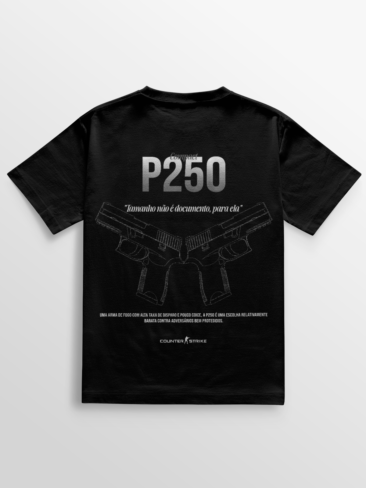 Camiseta com estampa técnica da P250, inspirada no Counter Strike. Arte em blueprint, frase temática e algodão premium de alta durabilidade.