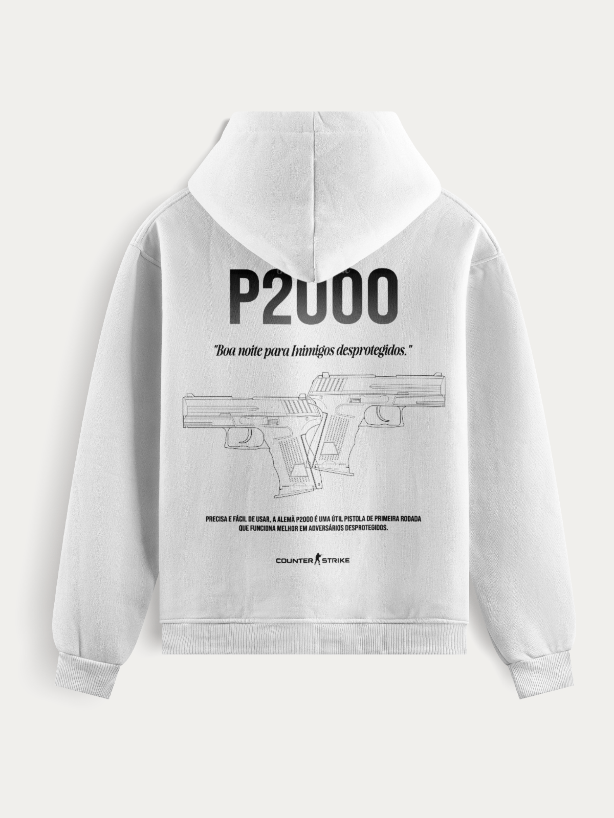 Moletom P2000 Counter Strike Blueprint feito em algodão e poliéster premium, com estampa DTF detalhada da pistola. Resistente, aconchegante e ideal para quem busca estilo gamer autêntico e versátil.