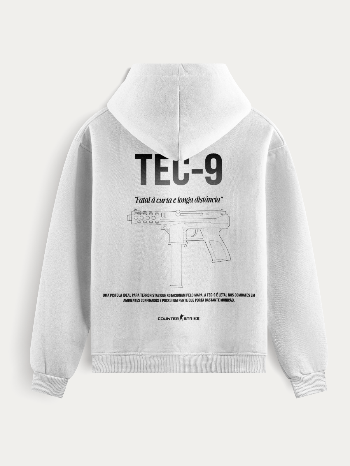 Moletom Tec-9 Counter Strike Blueprint feito em algodão e poliéster premium, com estampa DTF detalhada da pistola. Resistente, confortável e perfeito para quem busca estilo gamer autêntico.