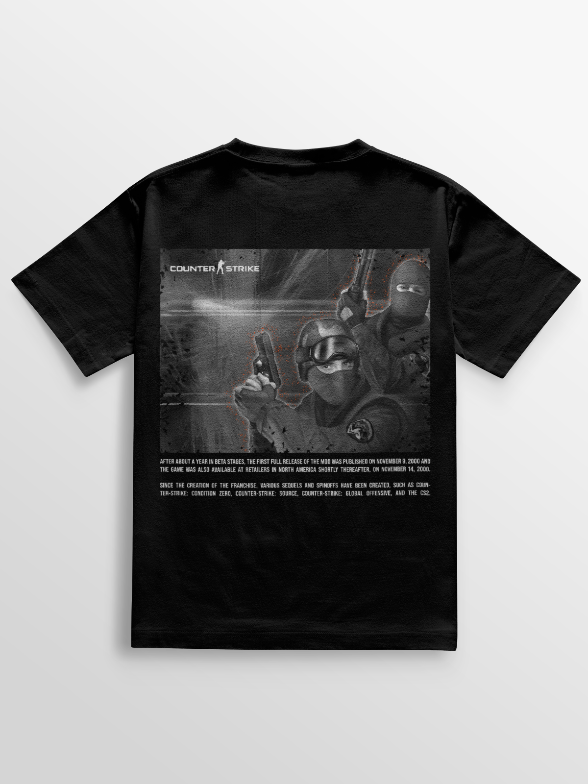 Camiseta gamer CT & TR Counter Strike 1.6 com estampa do menu clássico em DTF de alta definição, feita em algodão penteado 100% e acabamento reforçado, ideal para fãs nostálgicos e colecionadores do lendário FPS.