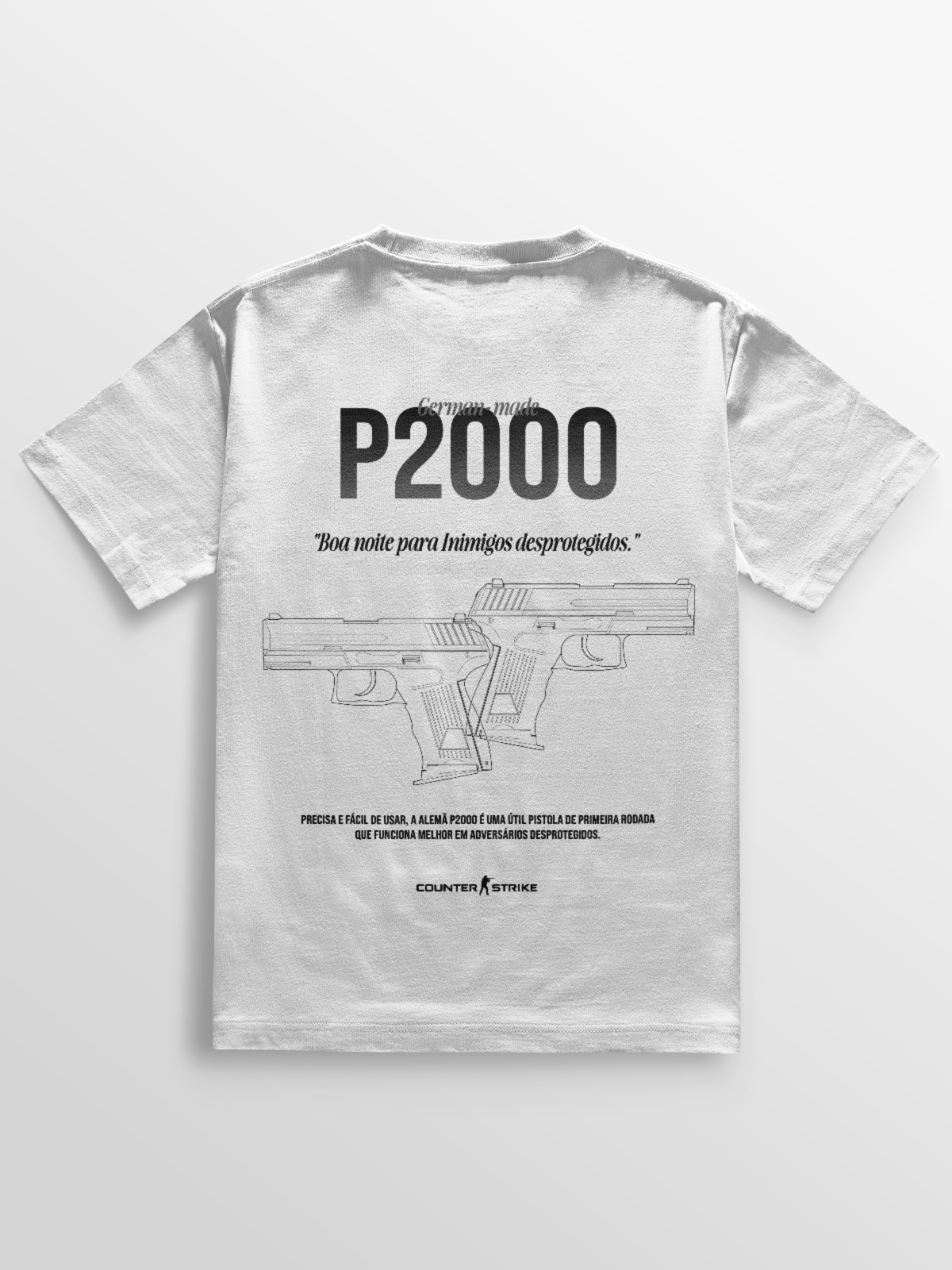 Camiseta com blueprint da P2000, frase temática e estampa DTF durável. Perfeita para entusiastas de CS que valorizam precisão e estilo.