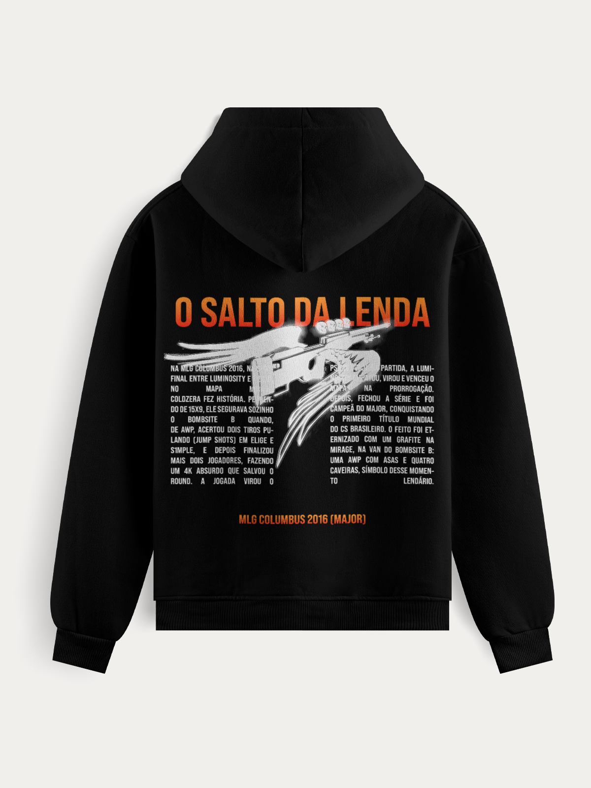 Moletom inspirado na jogada histórica de Coldzera no Major MLG Columbus 2016, com estampa do graffiti da Mirage. Confeccionado em algodão e poliéster, com alta durabilidade e acabamento premium.