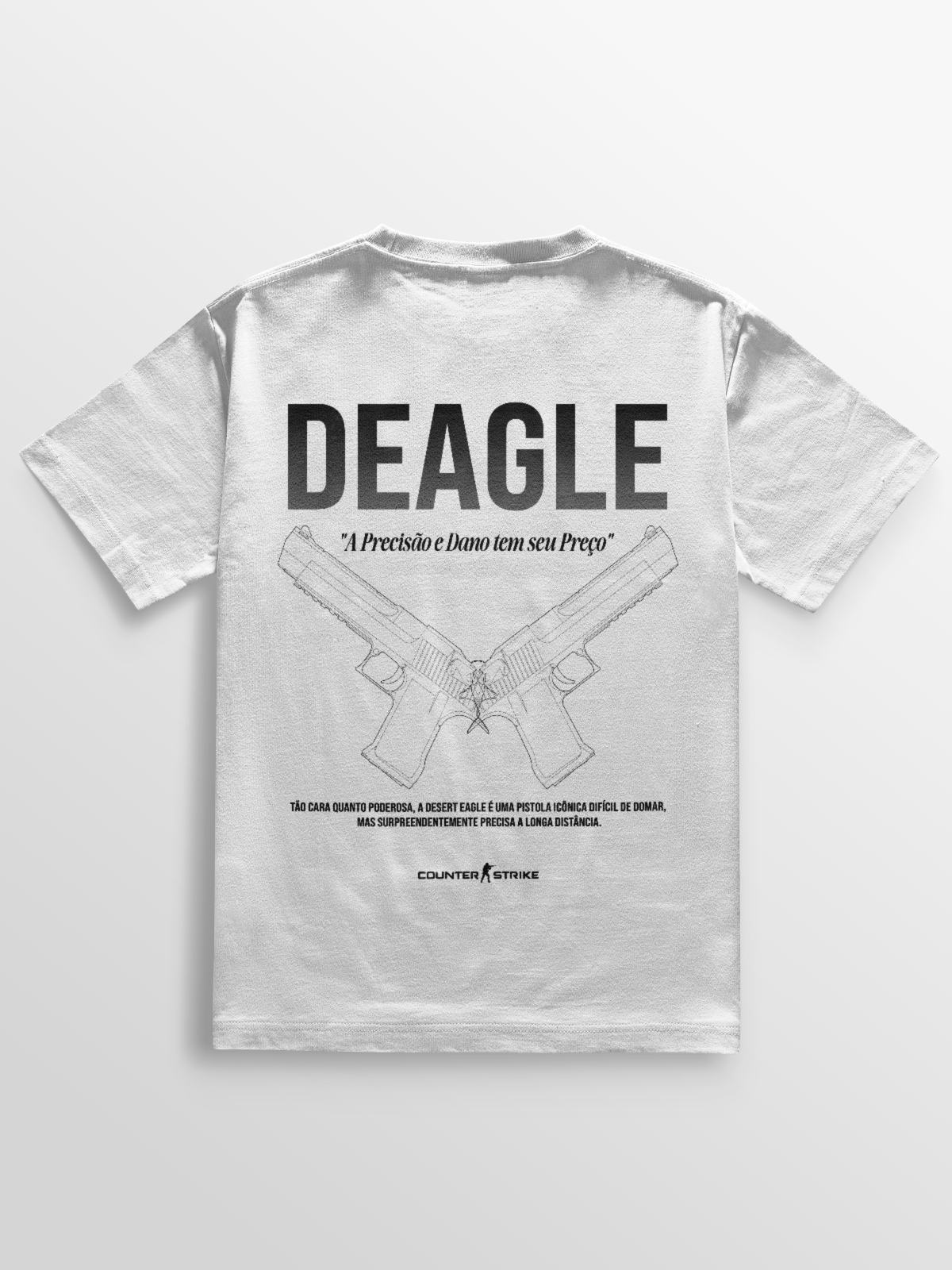 Camiseta Desert Eagle Counter Strike com estampa blueprint técnica, tecido algodão premium e frase temática. Perfeita para jogadores e colecionadores.