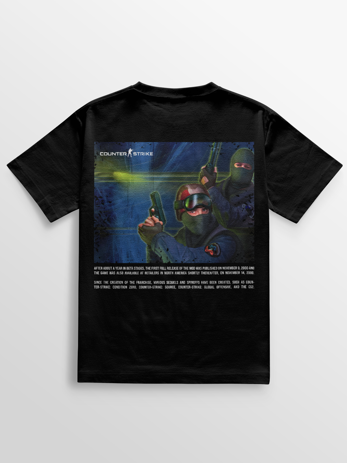 Camiseta gamer Counter Strike 1.6 Main Menu, com estampa DTF de alta definição dos agentes CT e TR. Feita em algodão penteado 170g/m², modelagem ajustada e acabamento reforçado. Ideal para fãs do FPS clássico.