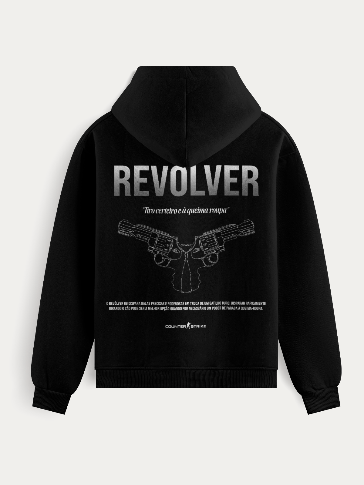 Moletom R8 Counter Strike Blueprint feito em algodão e poliéster premium, com estampa DTF detalhada do revolver icônico. Resistente, aconchegante e ideal para quem busca estilo gamer autêntico.