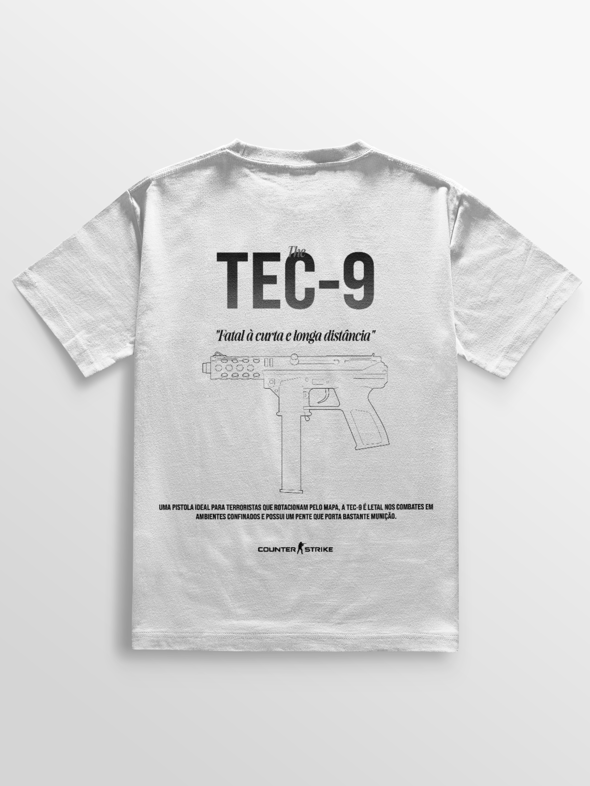 Camiseta Tec-9 Counter Strike Blueprint feita em algodão penteado premium, com estampa DTF de alta qualidade mostrando blueprint técnico da pistola. Confortável, resistente e ideal para fãs de estilo gamer autêntico.
