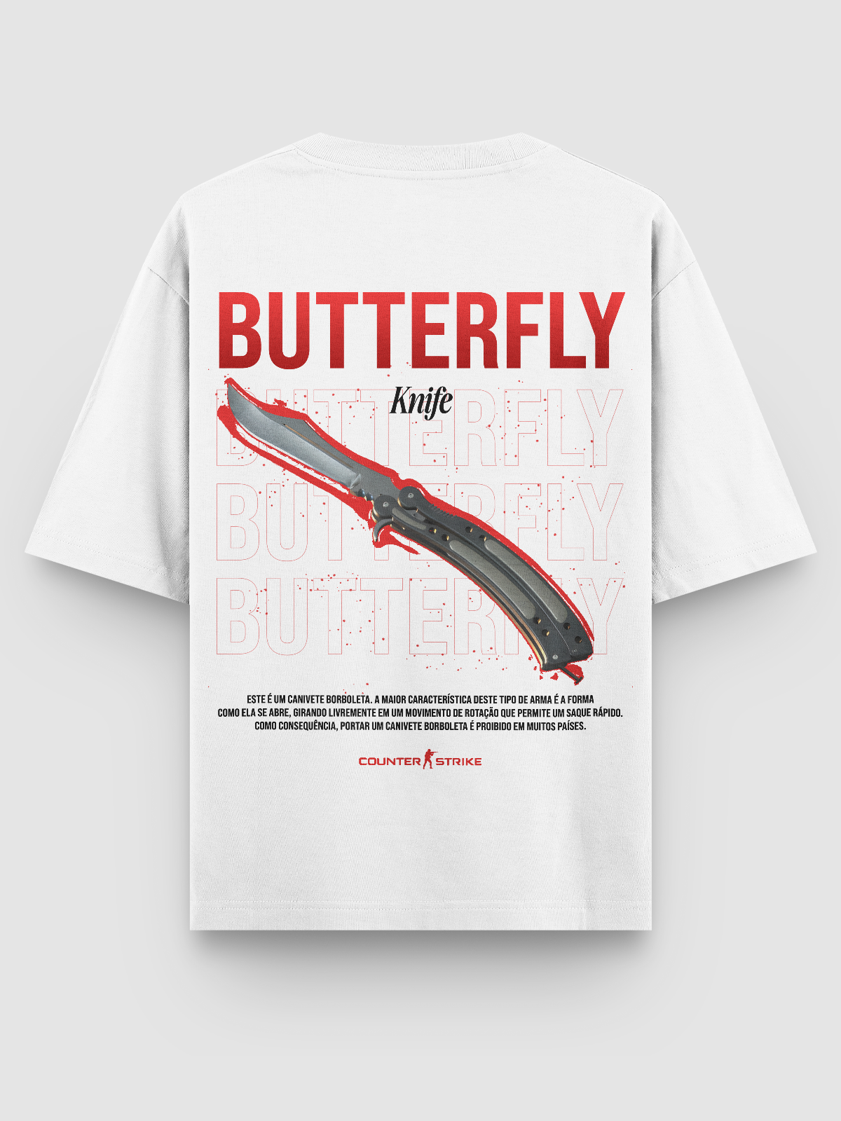 Camiseta Butterfly Counter Strike – Art Edition, feita em algodão 100% penteado, estampa DTF vibrante da icônica Balisong, perfeita para fãs de FPS e colecionadores da cultura gamer.