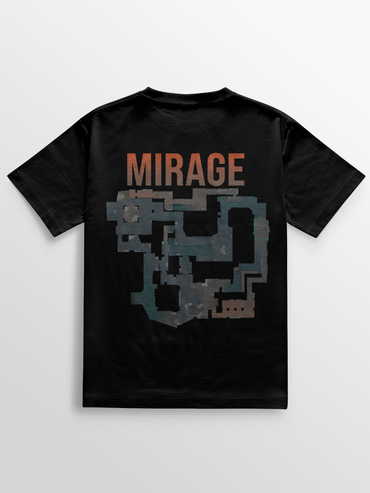 Camiseta com estampa DTF do mapa Mirage de Counter-Strike. Feita em algodão penteado com acabamento reforçado, ideal para jogadores que carregam o game no visual.