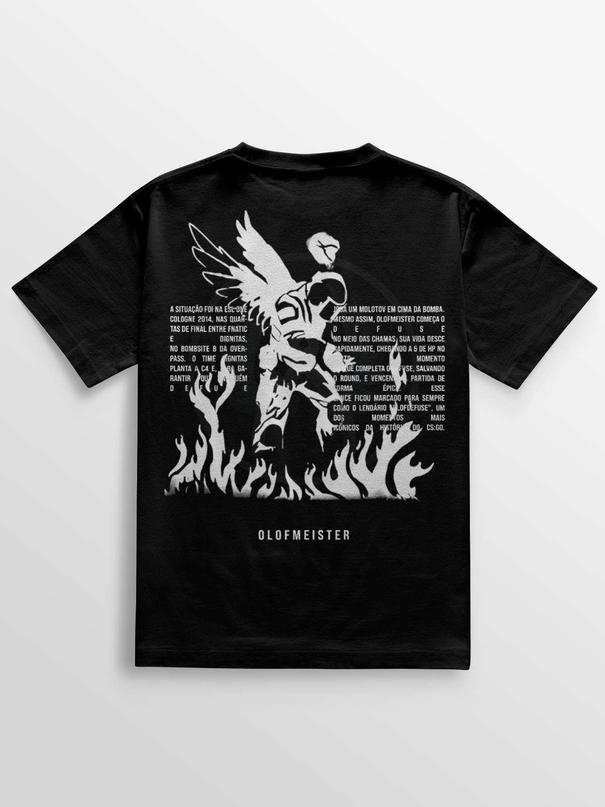 Camiseta gamer Olof On Fire inspirada no lendário “Olofdefuse” da ESL One Cologne 2014, em algodão penteado 100%, com estampa DTF de alta definição e acabamento reforçado, ideal para colecionadores e fãs de CS.