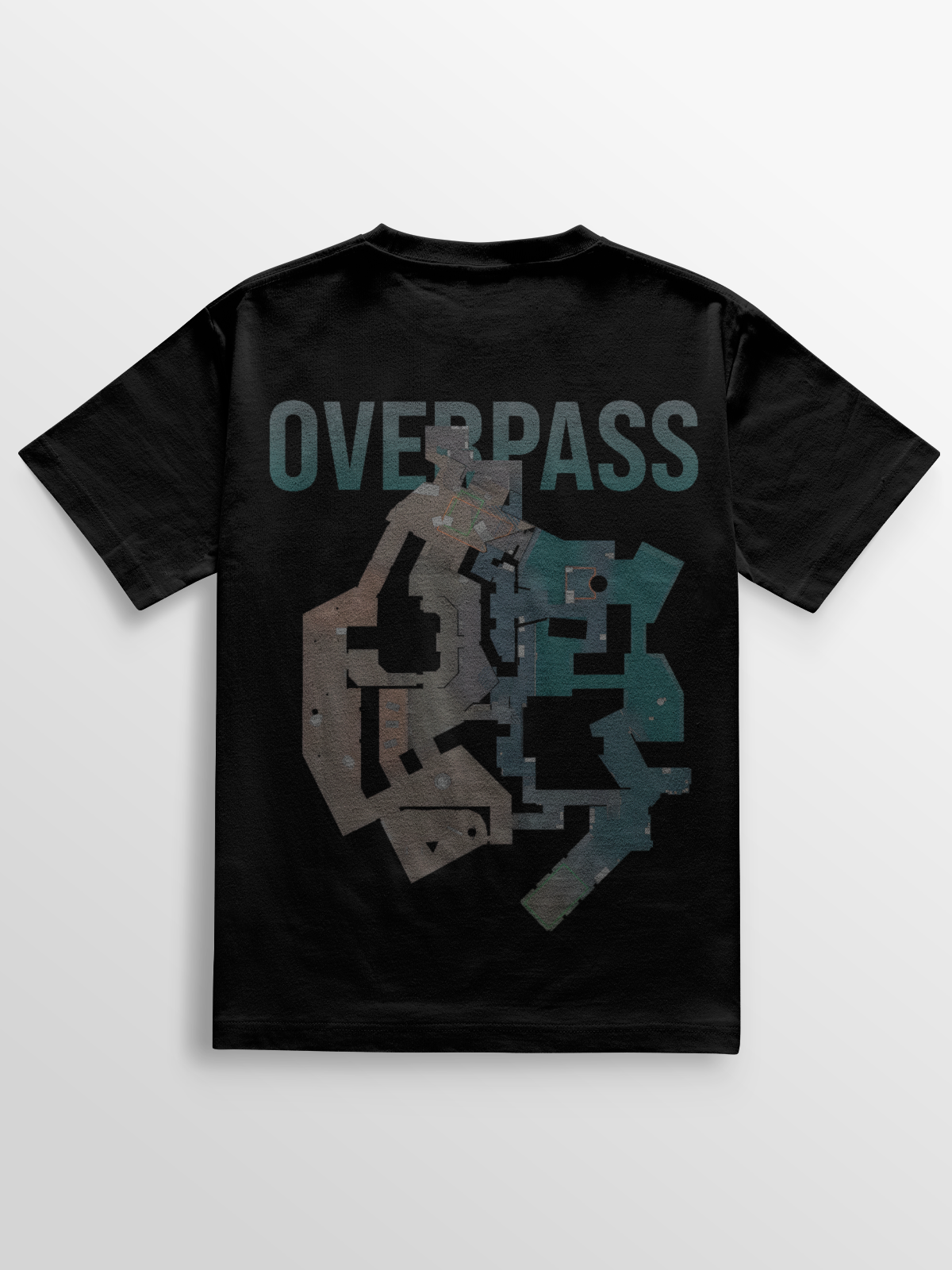 Camiseta estilizada com o mapa Overpass do CS estampado em DTF, disponível em variações preta e branca. Confeccionada em algodão penteado, com corte ajustado ao corpo e costuras reforçadas.