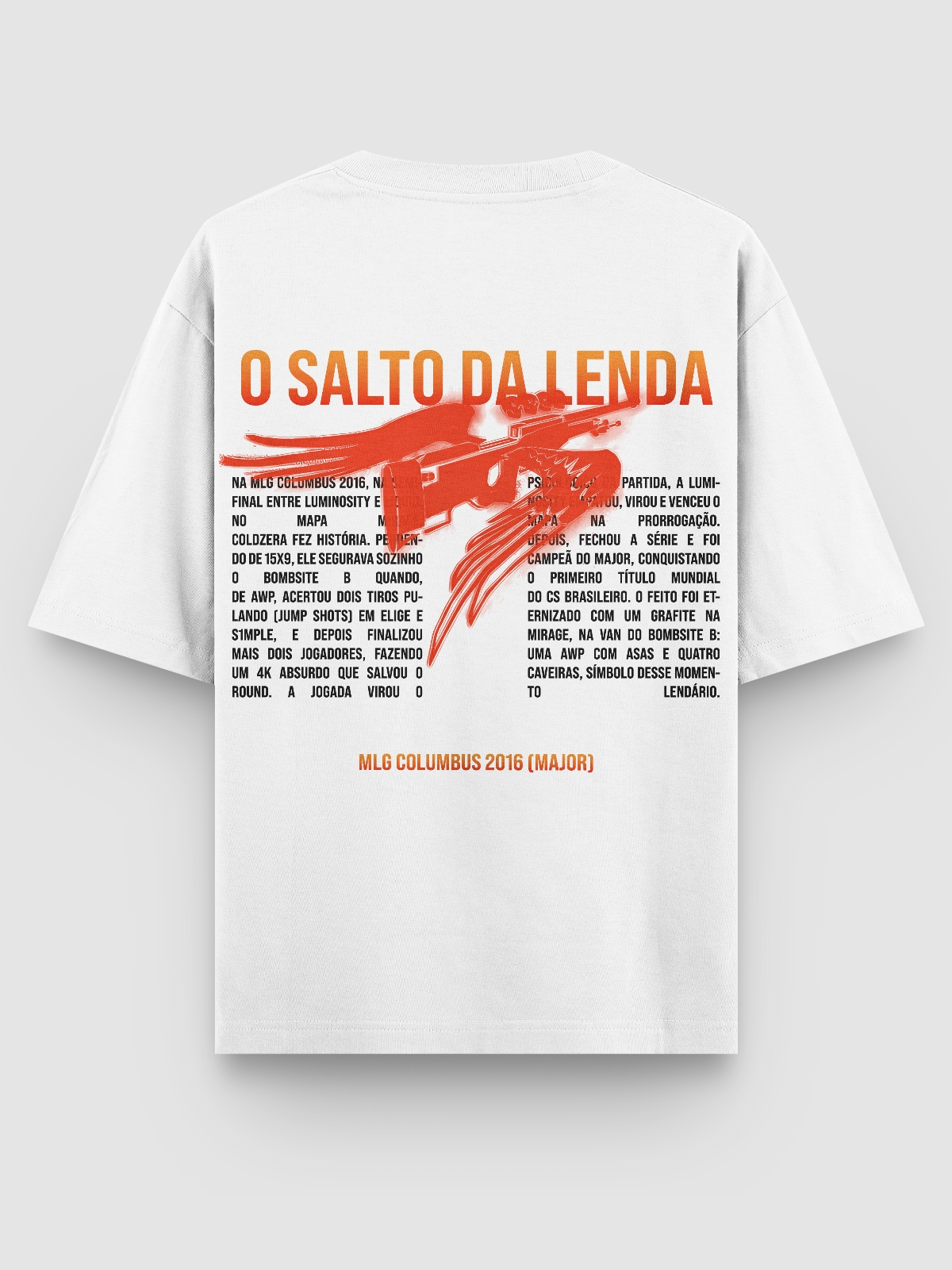 Camiseta estilizada com o grafite lendário da jogada de Coldzera na MLG 2016. Impressão DTF, algodão premium, reforço nas costuras e corte ajustado. Disponível nas cores branca e preta.