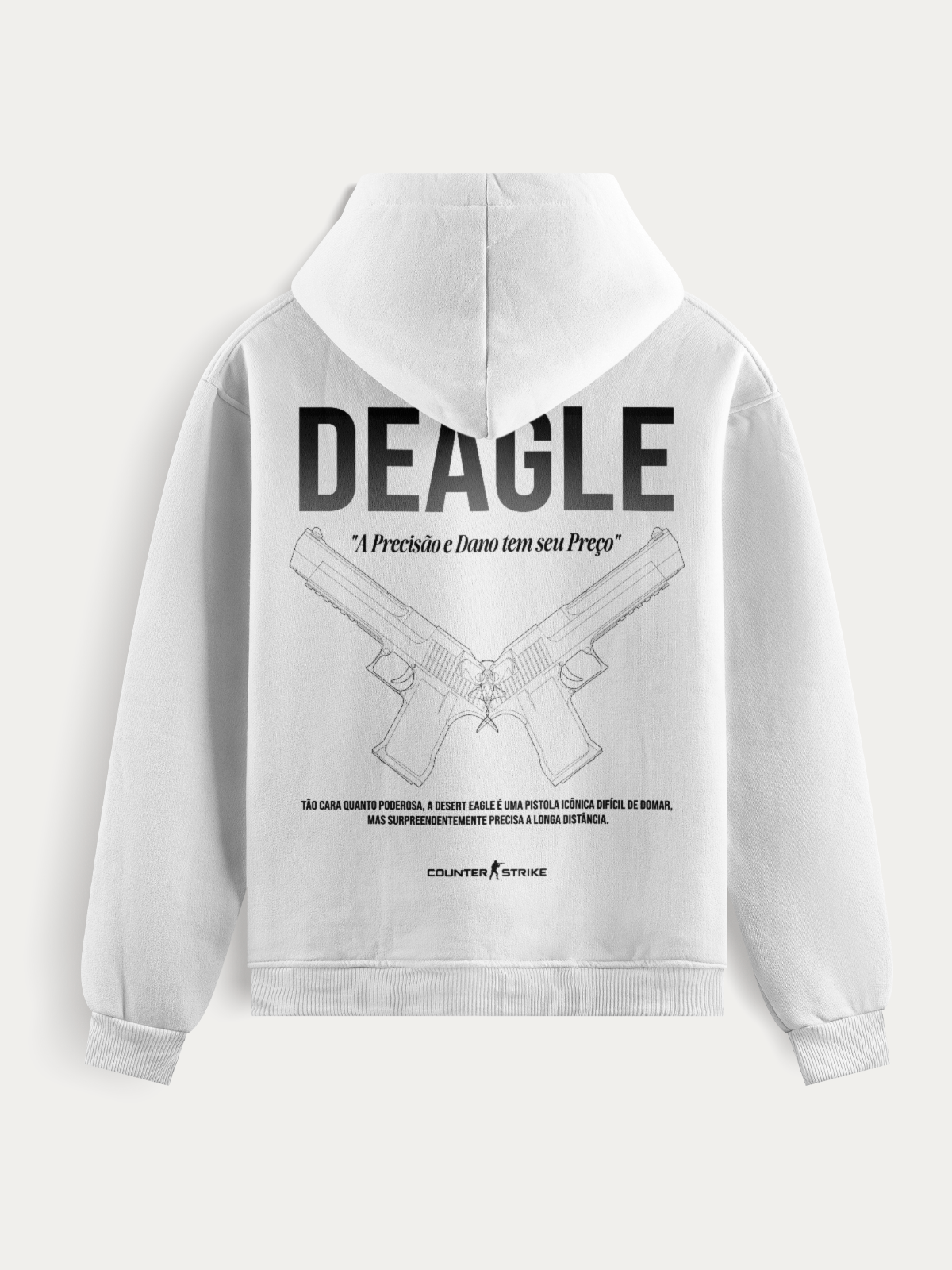Moletom Desert Eagle Counter Strike Blueprint feito em algodão e poliéster premium, com estampa DTF de alta definição da pistola icônica. Confortável, resistente e ideal para fãs de estilo gamer autêntico.