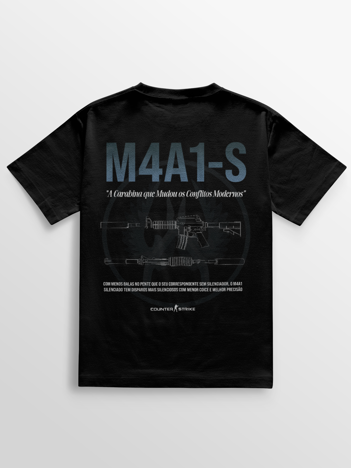 Camiseta M4A1-S Blueprint inspirada no Counter Strike, feita em algodão penteado com gramatura 170g/m², estampa DTF de alta definição e modelagem ajustada. Ideal para gamers que prezam por estilo e conforto.