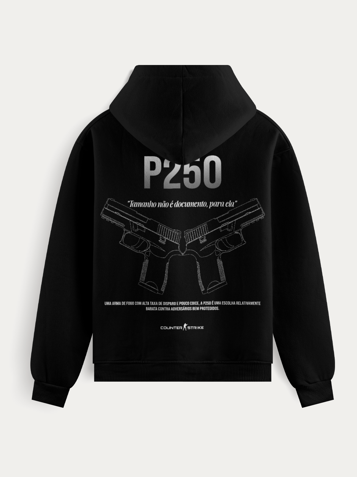 Moletom P250 Counter Strike Blueprint feito em algodão e poliéster premium, com estampa DTF detalhada da pistola. Resistente, aconchegante e perfeito para quem busca estilo gamer autêntico e versátil.