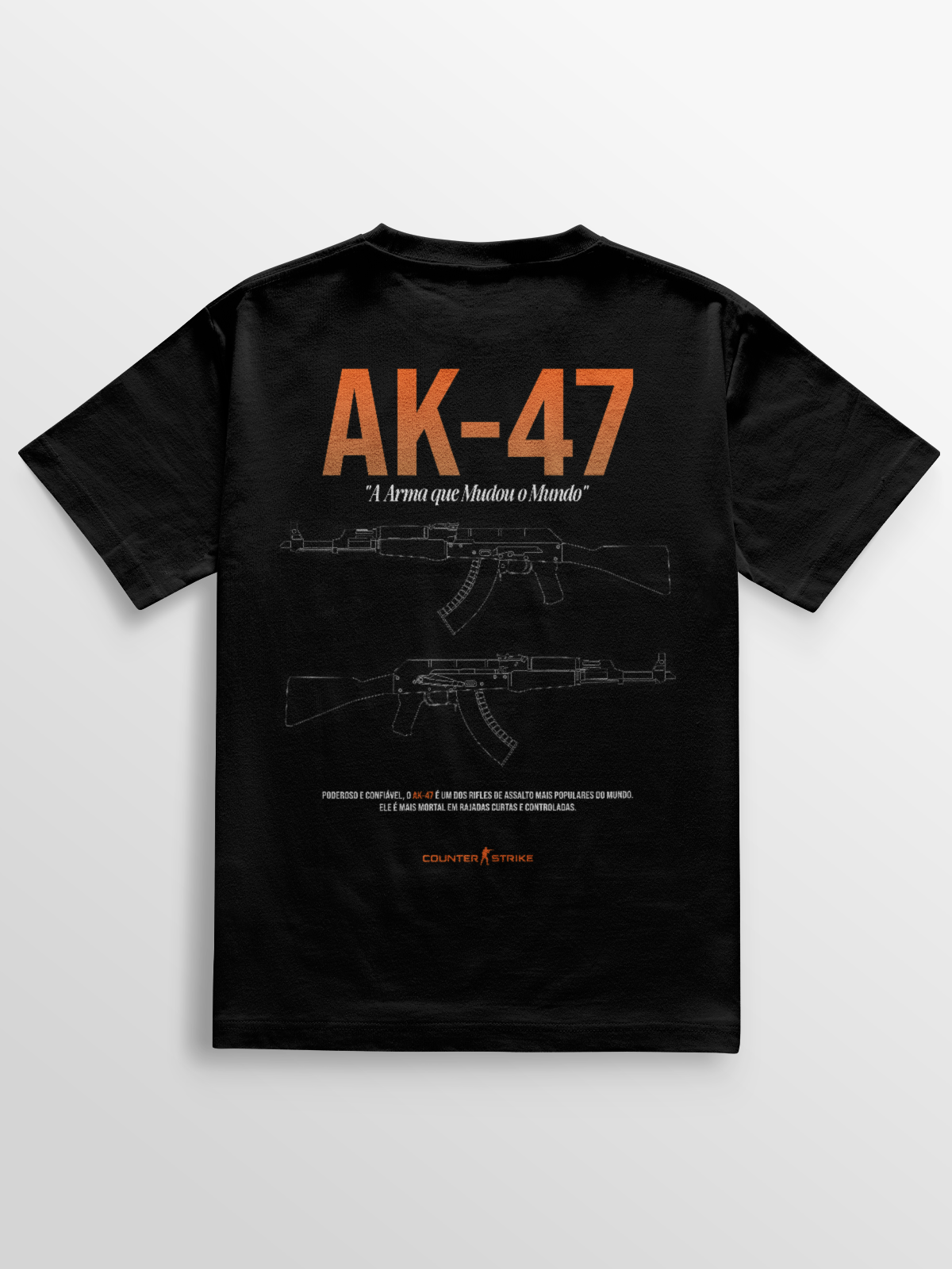 Camiseta AK-47 Counter Strike II com estampa blueprint em DTF, feita em algodão penteado de alta qualidade. Conforto e estilo para fãs do FPS mais jogado do mundo.