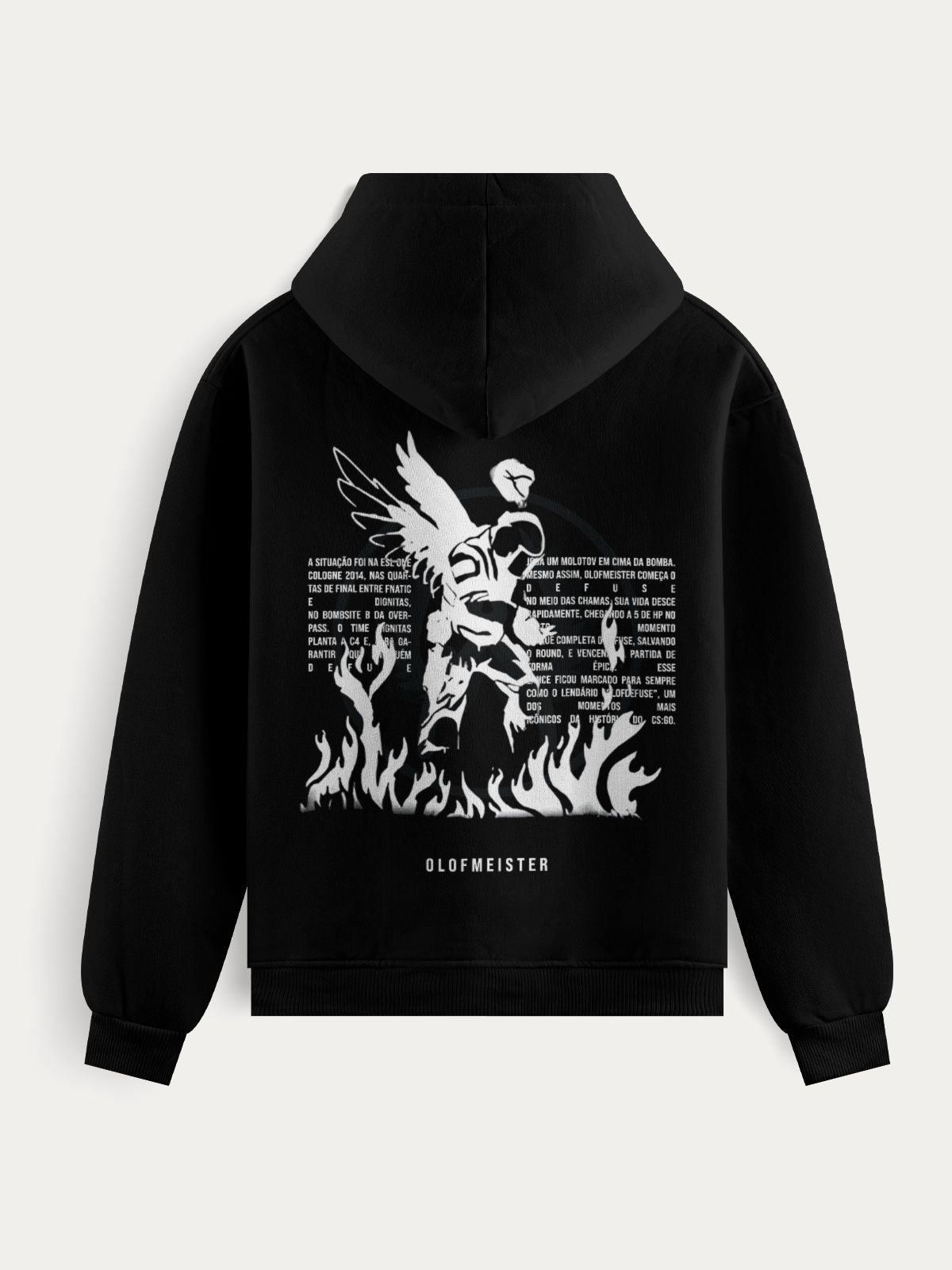 Moletom preto com estampa do icônico "Olofdefuse", inspirado na jogada lendária de Olofmeister na ESL One Cologne 2014. Modelo com capuz, grafite estilizado e tecido premium.