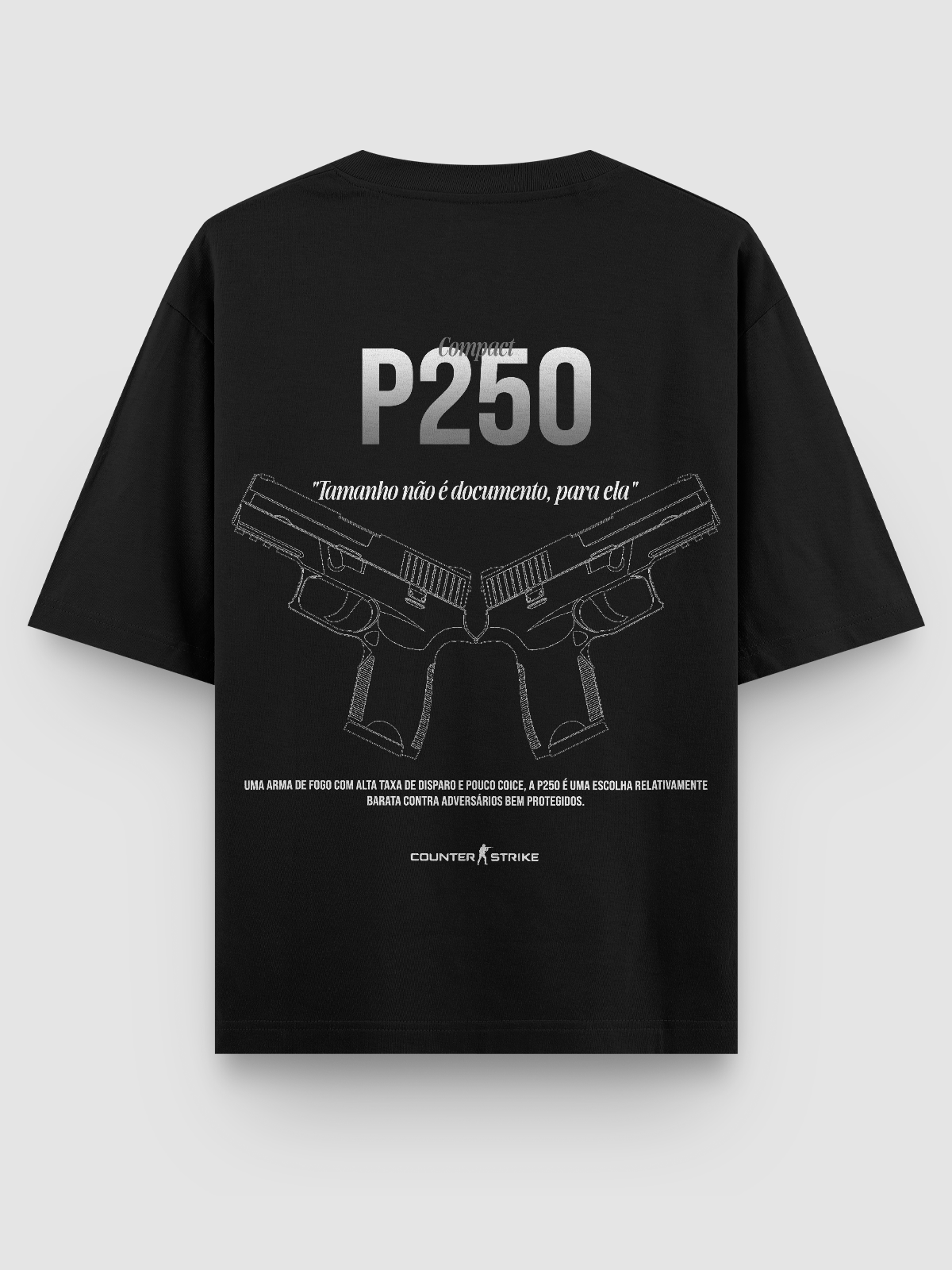 Camiseta Oversized com estampa técnica da P250, inspirada no Counter Strike. Arte em blueprint, frase temática e algodão premium de alta durabilidade.