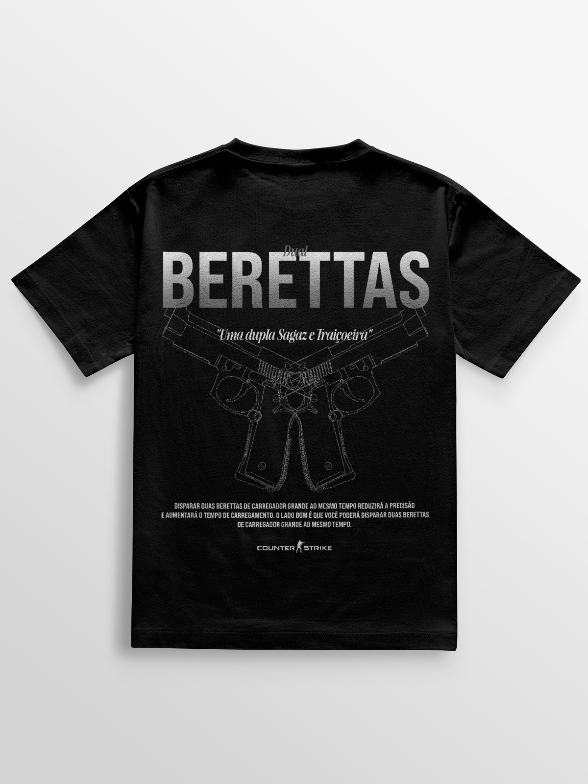 Camiseta Dual Berettas com blueprint técnico das pistolas, frase temática e estampa DTF durável. Estilo gamer com toque de ousadia e estratégia.