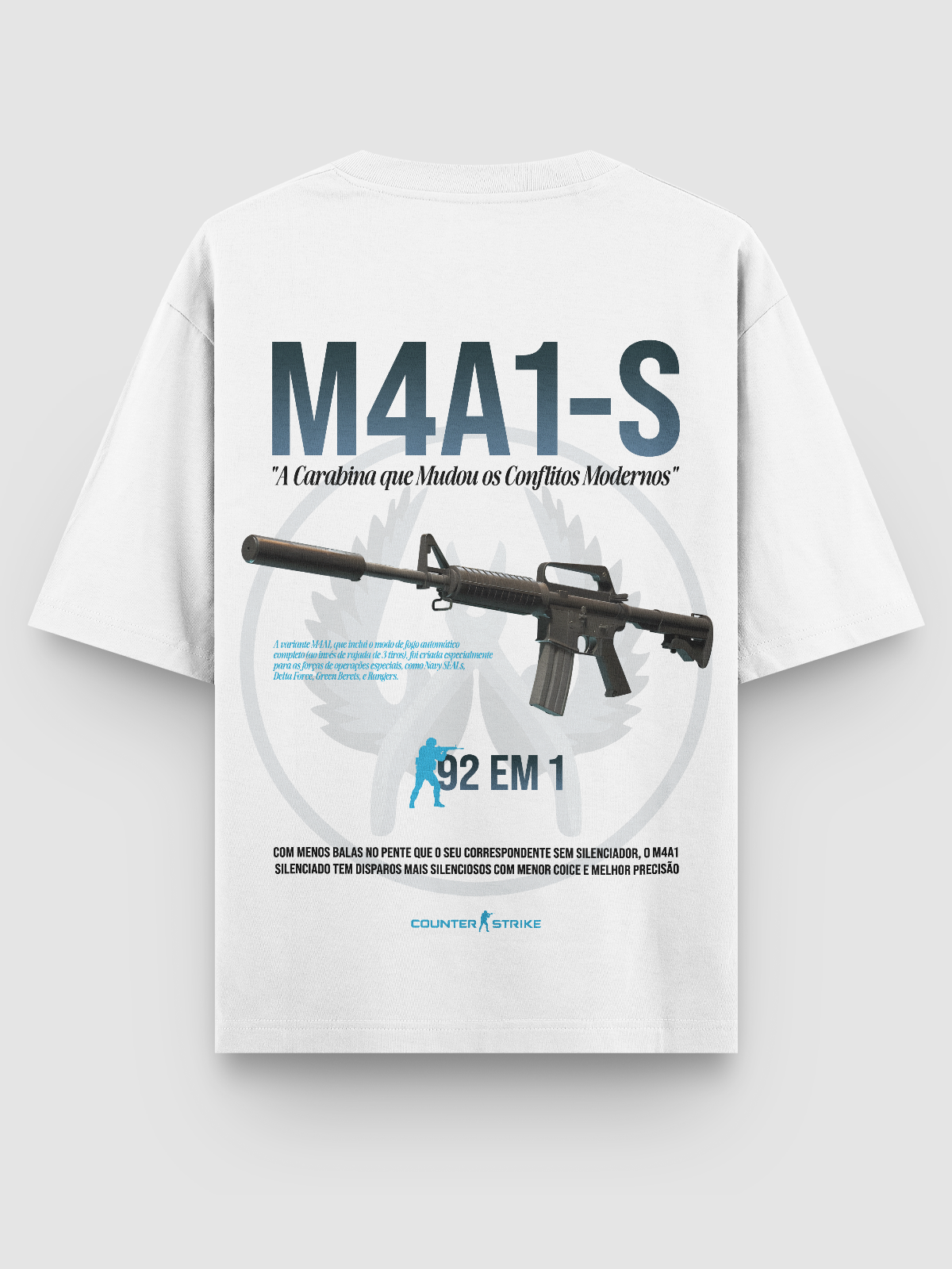 Camiseta Oversized gamer M4A1-S Counter Strike, confeccionada em algodão penteado 170g/m², modelagem ajustada e estampa DTF de alta definição. Ideal para fãs do FPS que buscam estilo e conforto no dia a dia.