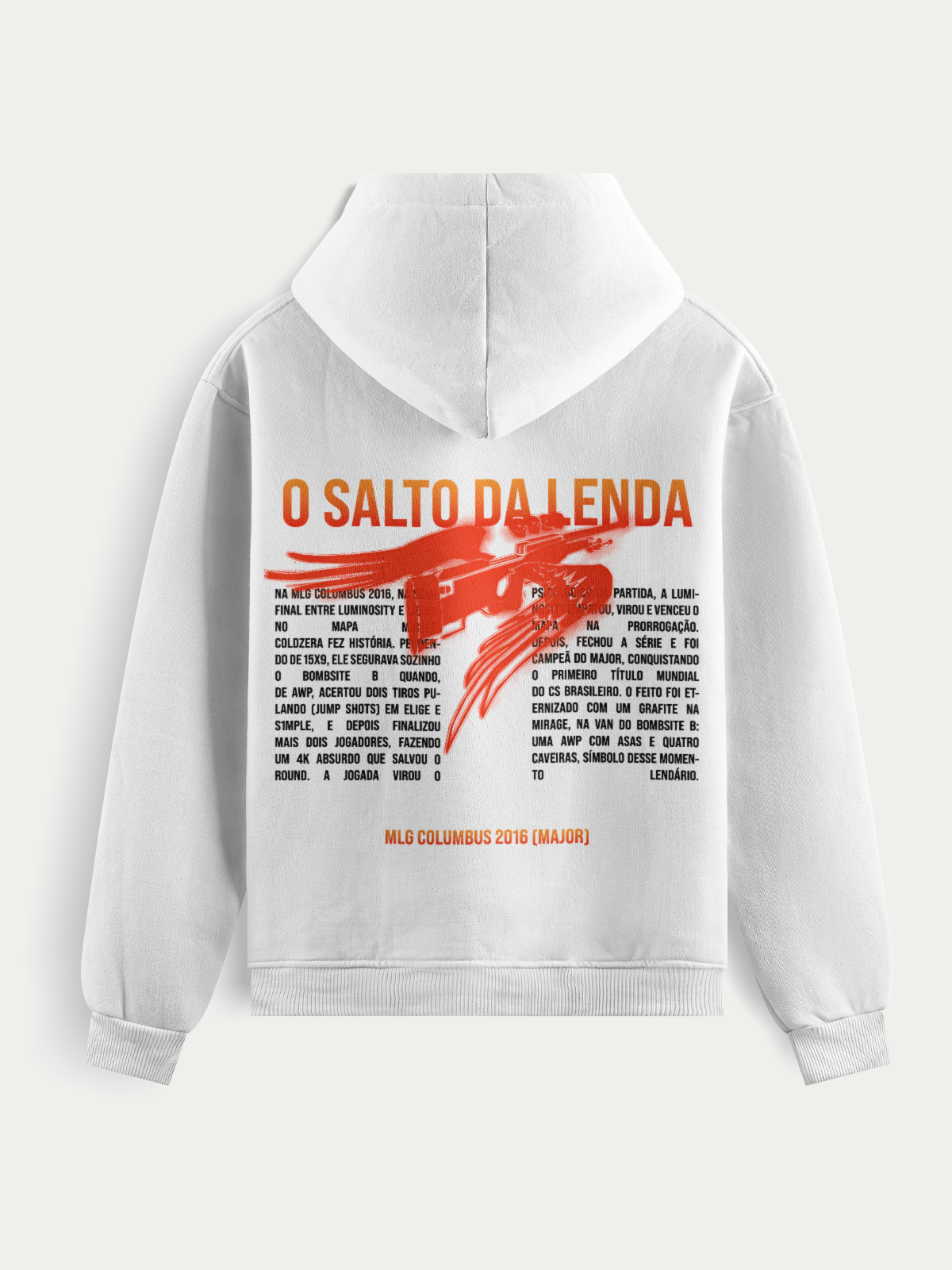 Moletom inspirado na jogada histórica de Coldzera no Major MLG Columbus 2016, com estampa do graffiti da Mirage. Confeccionado em algodão e poliéster, com alta durabilidade e acabamento premium.