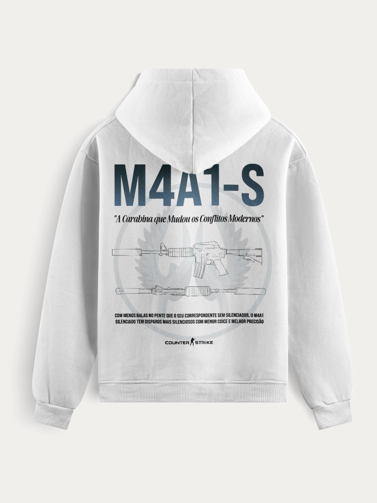 Moletom com estampa técnica da M4A1-S silenciada, inspirado no universo Counter Strike. Estampa DTF de alta definição, tecido grosso e toque confortável para estilo e presença em qualquer ambiente.