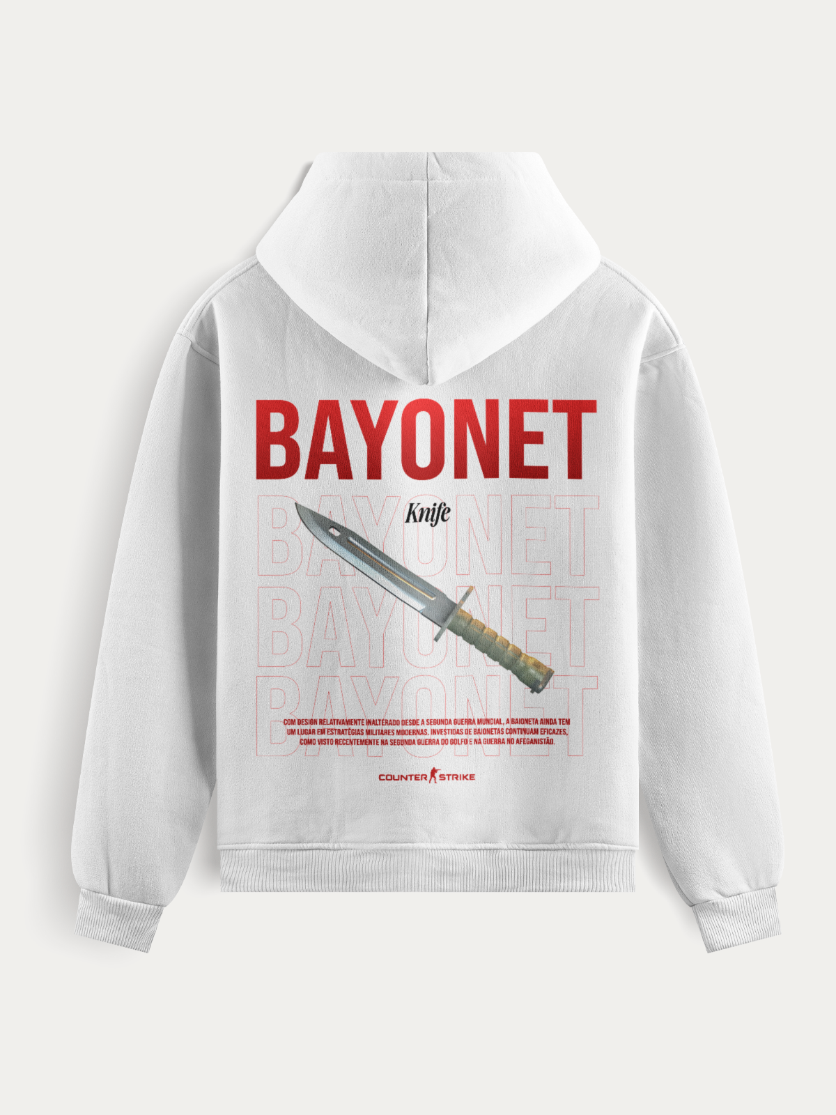 Moletom com estampa da baioneta clássica do Counter Strike II. Confeccionado com algodão e poliéster de alta gramatura, traz conforto, resistência e visual impactante com impressão DTF de alta definição. Ideal para fãs do jogo.