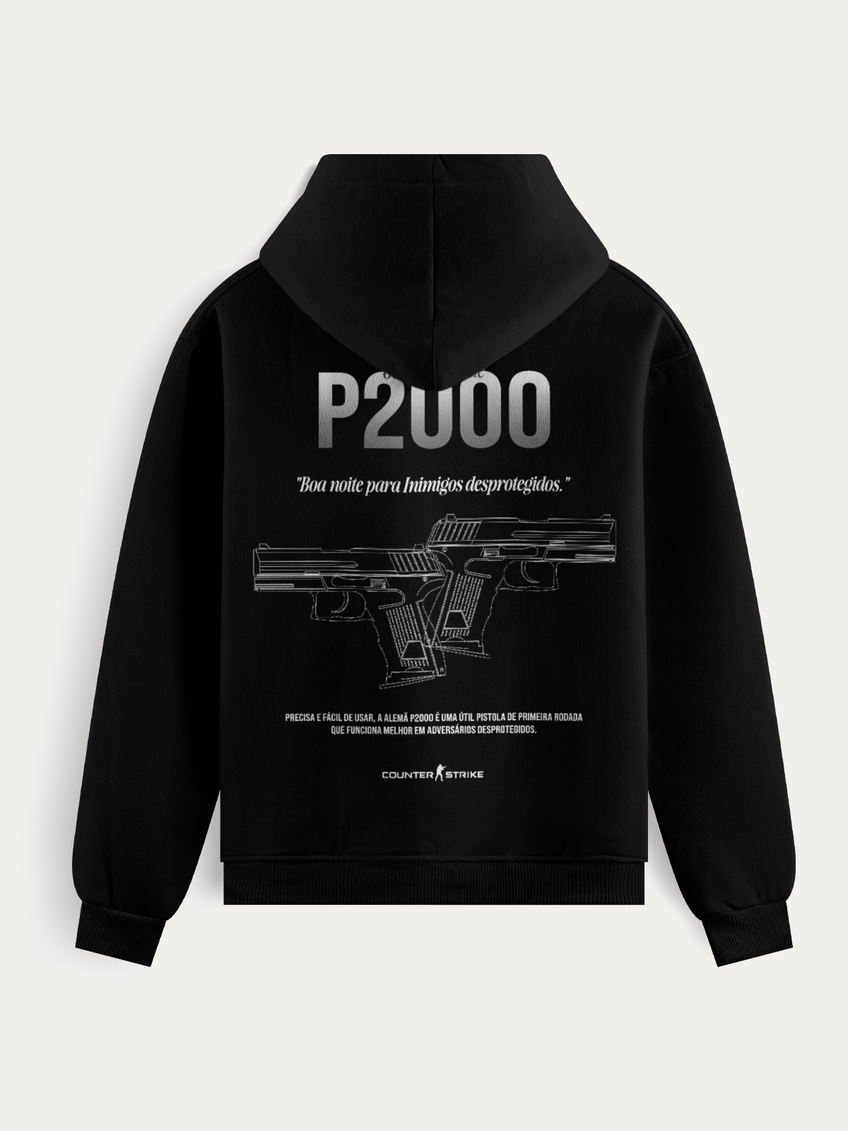 Moletom P2000 Counter Strike Blueprint feito em algodão e poliéster premium, com estampa DTF detalhada da pistola. Resistente, aconchegante e ideal para quem busca estilo gamer autêntico e versátil.