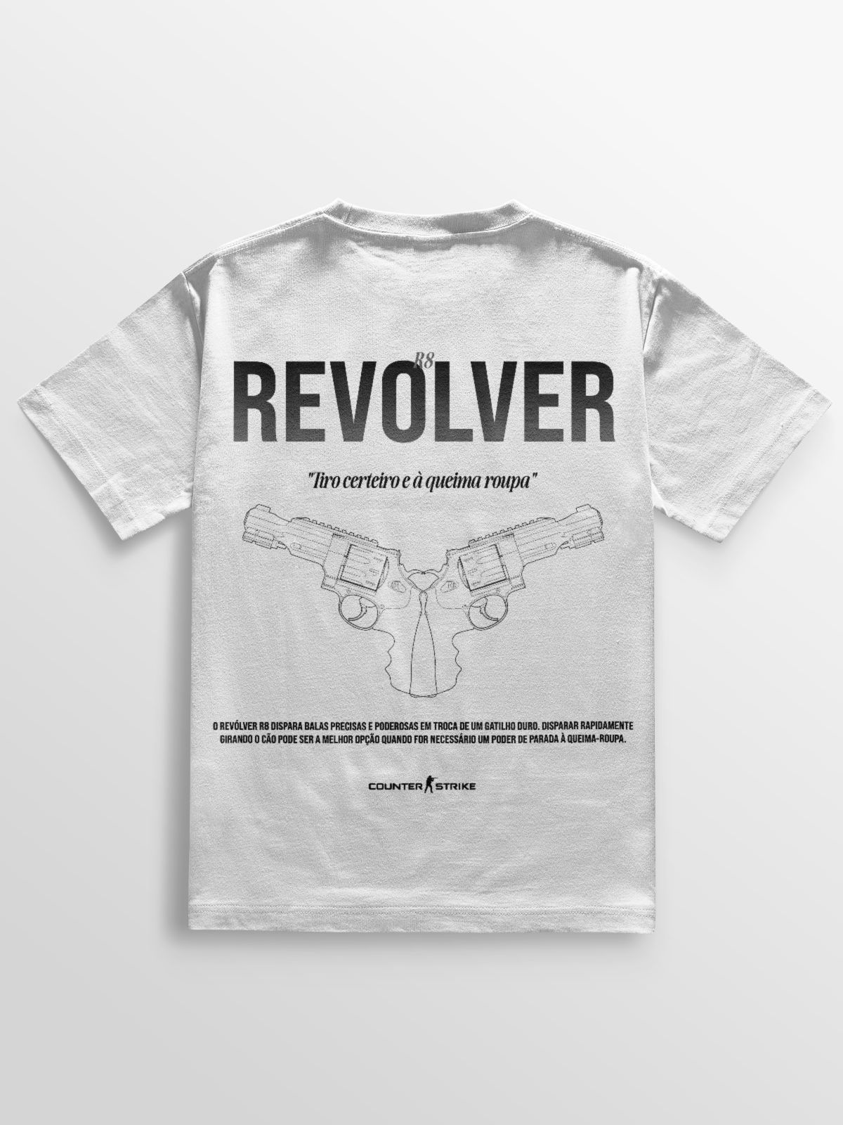 Camiseta R8 Counter Strike Blueprint, feita em algodão penteado de alta qualidade, com estampa DTF detalhada do revolver R8. Modelagem ajustada, resistente e confortável, perfeita para quem busca estilo gamer autêntico.