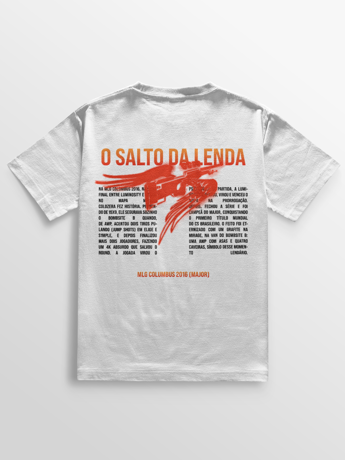 Camiseta estilizada com o grafite lendário da jogada de Coldzera na MLG 2016. Impressão DTF, algodão premium, reforço nas costuras e corte ajustado. Disponível nas cores branca e preta.