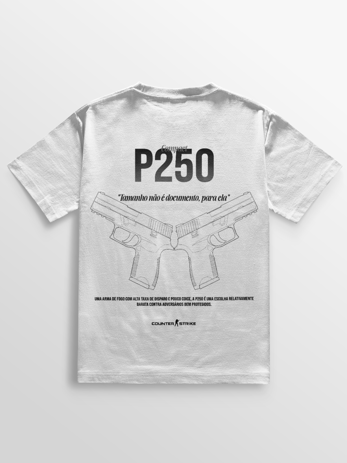 Camiseta com estampa técnica da P250, inspirada no Counter Strike. Arte em blueprint, frase temática e algodão premium de alta durabilidade.