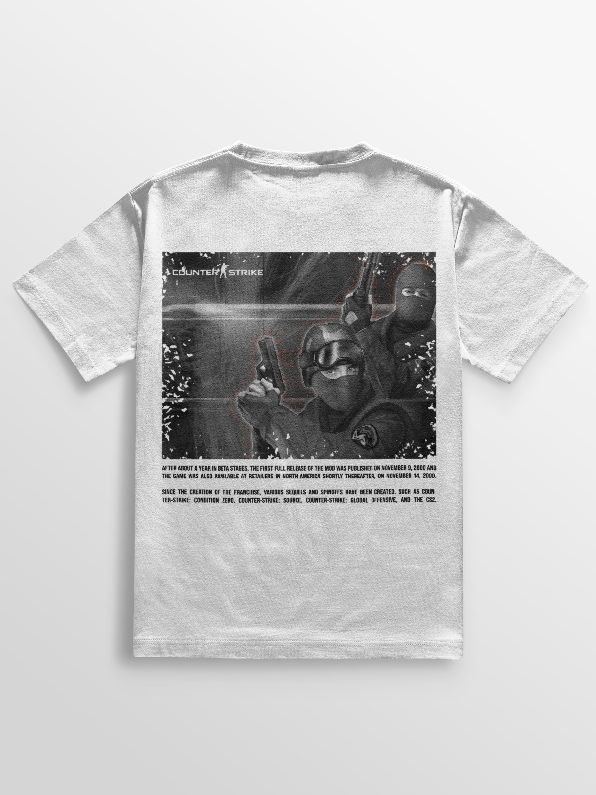 Camiseta gamer CT & TR Counter Strike 1.6 com estampa do menu clássico em DTF de alta definição, feita em algodão penteado 100% e acabamento reforçado, ideal para fãs nostálgicos e colecionadores do lendário FPS.