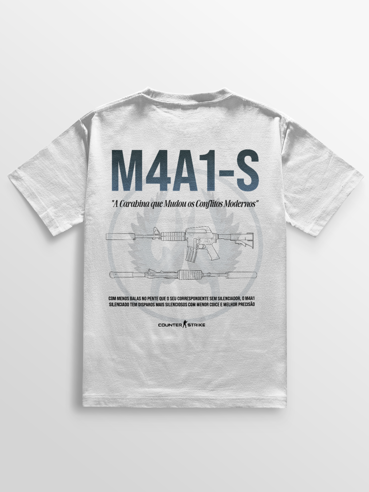 Camiseta M4A1-S Blueprint inspirada no Counter Strike, feita em algodão penteado com gramatura 170g/m², estampa DTF de alta definição e modelagem ajustada. Ideal para gamers que prezam por estilo e conforto.