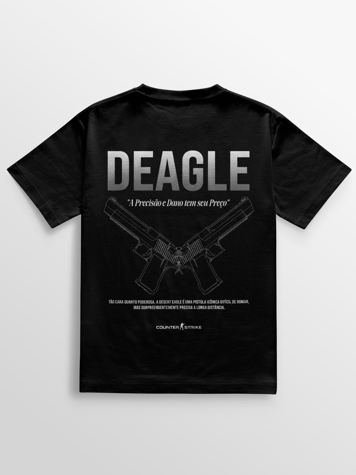 Camiseta Desert Eagle Counter Strike com estampa blueprint técnica, tecido algodão premium e frase temática. Perfeita para jogadores e colecionadores.