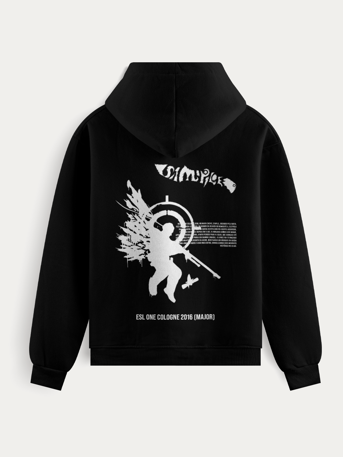 Moletom branco e preto com estampa do grafite de s1mple no Cache, representando a lendária jogada na ESL One Cologne 2016 com dois no-scopes enquanto caía da heaven.