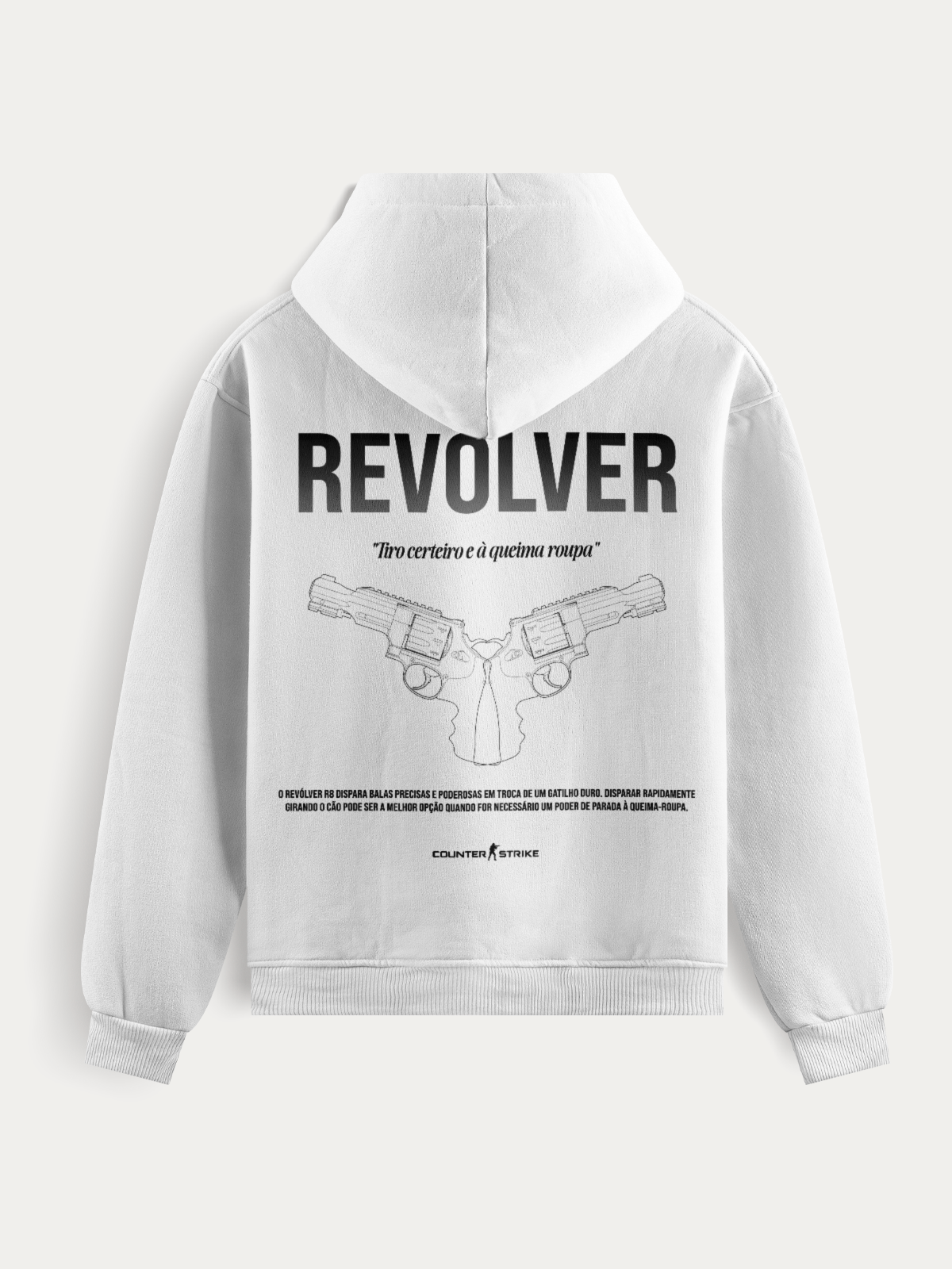 Moletom R8 Counter Strike Blueprint feito em algodão e poliéster premium, com estampa DTF detalhada do revolver icônico. Resistente, aconchegante e ideal para quem busca estilo gamer autêntico.