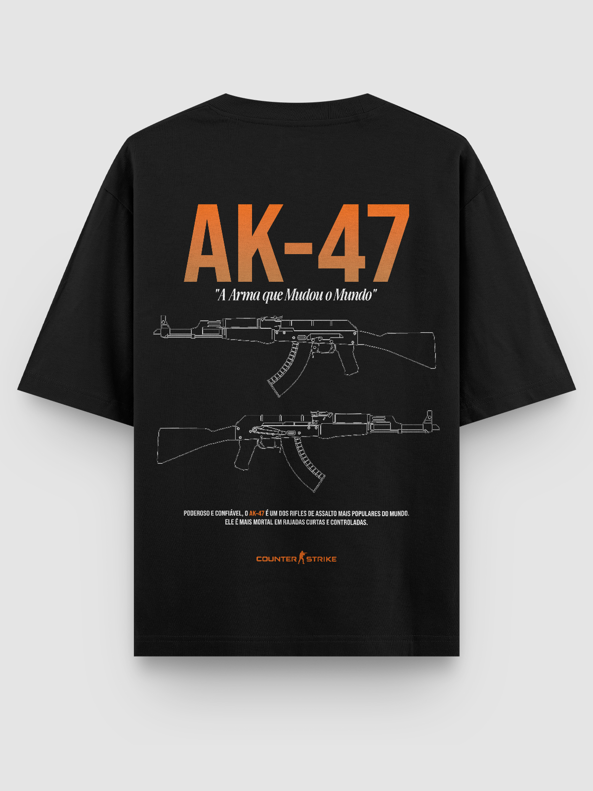 Camiseta AK-47 Counter Strike II com estampa blueprint em DTF, feita em algodão penteado de alta qualidade. Conforto e estilo para fãs do FPS mais jogado do mundo.