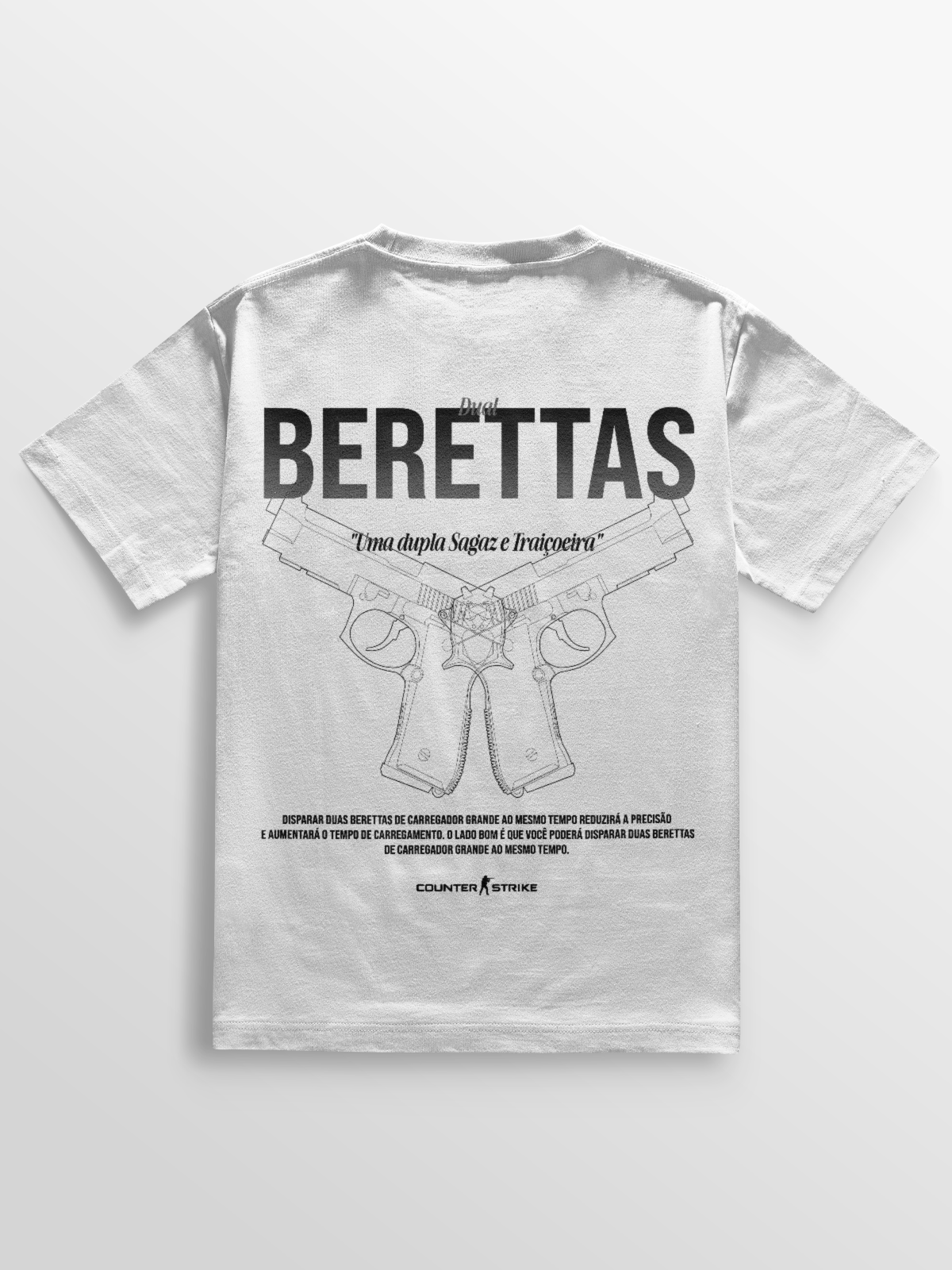 Camiseta Dual Berettas com blueprint técnico das pistolas, frase temática e estampa DTF durável. Estilo gamer com toque de ousadia e estratégia.