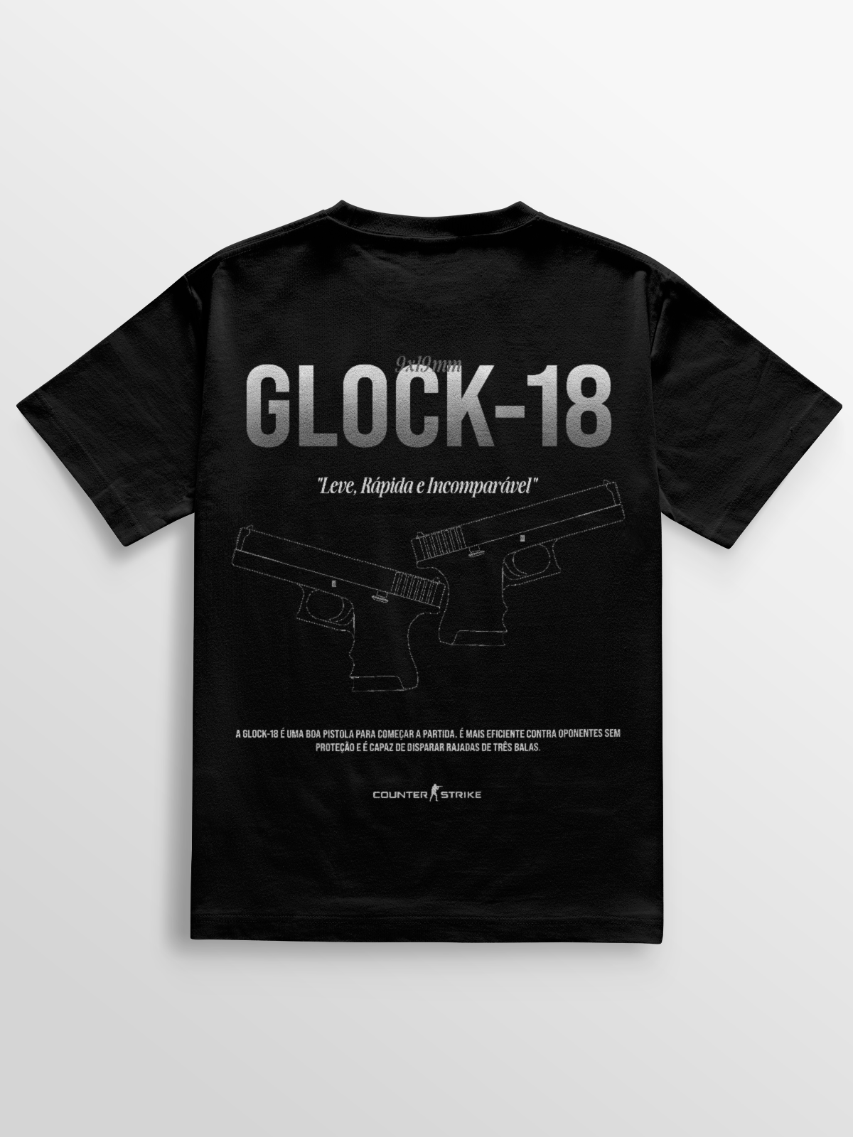 Camiseta Glock-18 com blueprint técnico da pistola, estampa DTF durável e frase temática. Ideal para fãs de CS e cultura tática.