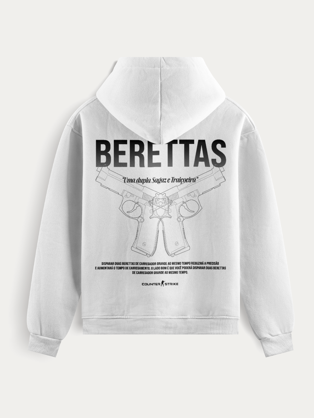 Moletom Dual Berettas Counter Strike Blueprint, feito em algodão e poliéster de alta qualidade, com estampa DTF detalhada das Berettas. Resistente, confortável e ideal para fãs que buscam estilo gamer autêntico.