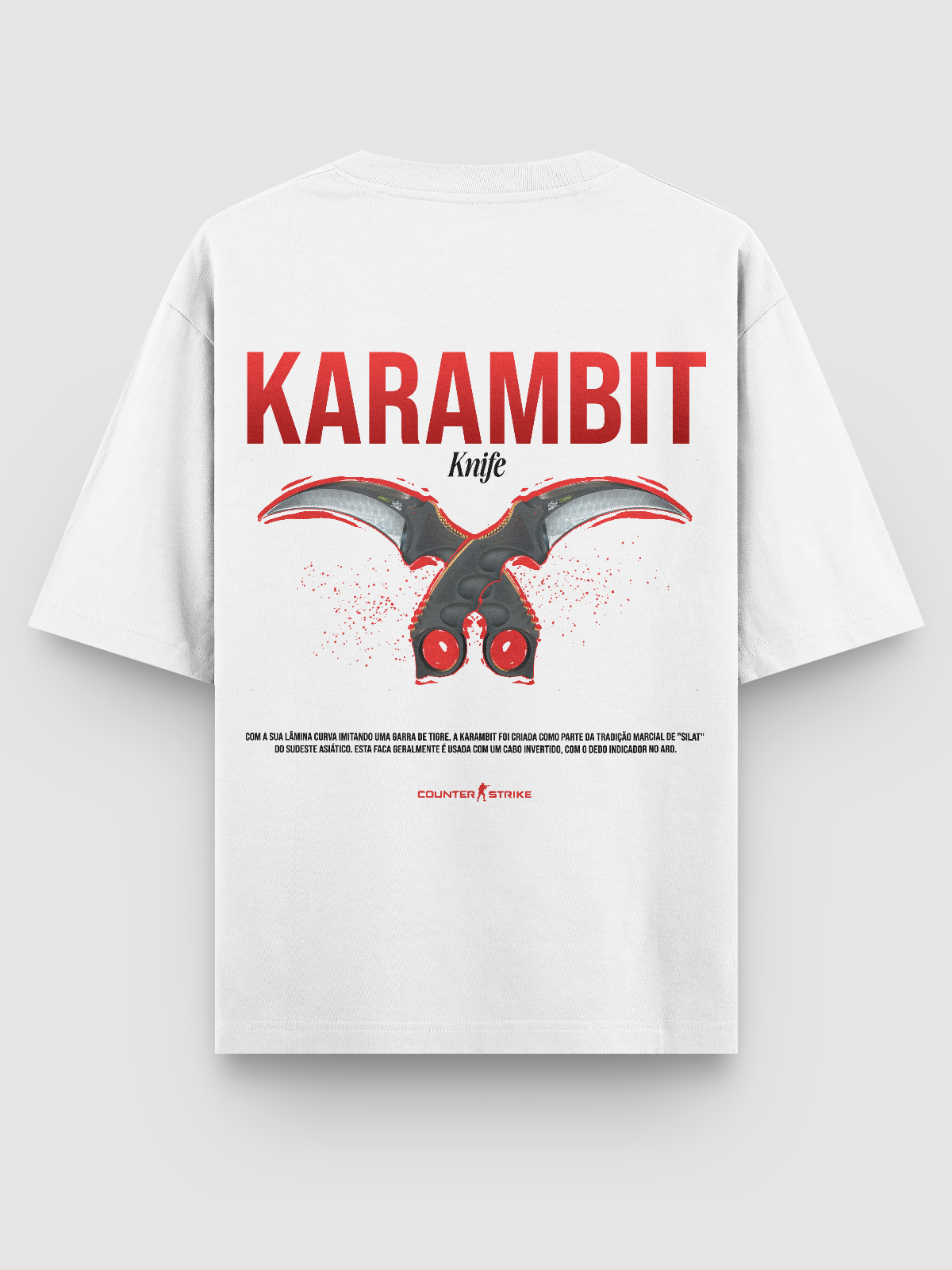 Camiseta gamer Karambit Counter Strike Double Art, feita em algodão penteado 100%, estampa DTF de alta definição, caimento ajustado e acabamento reforçado, ideal para fãs de CS que buscam estilo e qualidade.