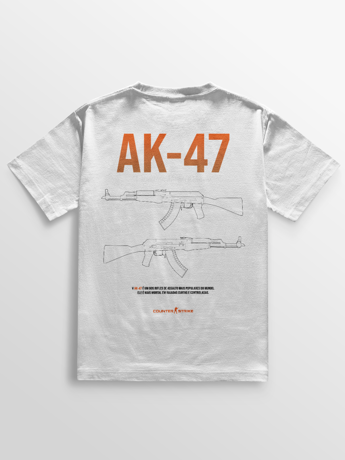 Camiseta AK-47 Counter Strike II com estampa blueprint em DTF, feita em algodão penteado de alta qualidade. Conforto e estilo para fãs do FPS mais jogado do mundo.