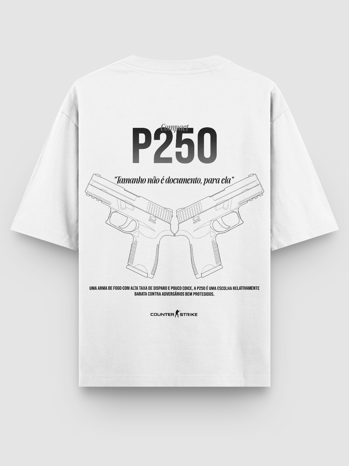 Camiseta Oversized com estampa técnica da P250, inspirada no Counter Strike. Arte em blueprint, frase temática e algodão premium de alta durabilidade.