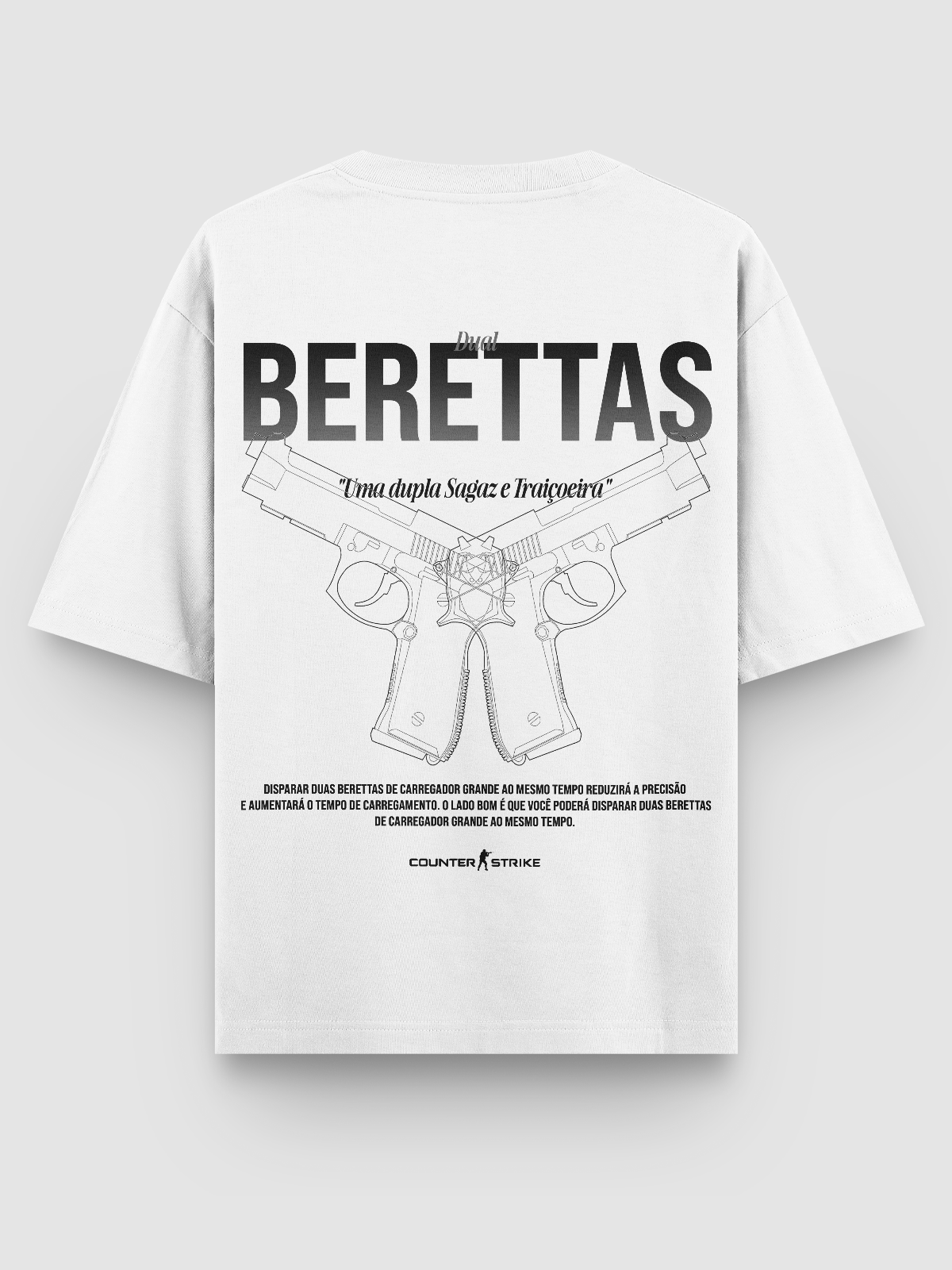 Camiseta oversized Dual Berettas inspirada em Counter Strike, com estampa blueprint de alta definição em DTF. Design tático e urbano, modelagem solta e 100% algodão penteado.
