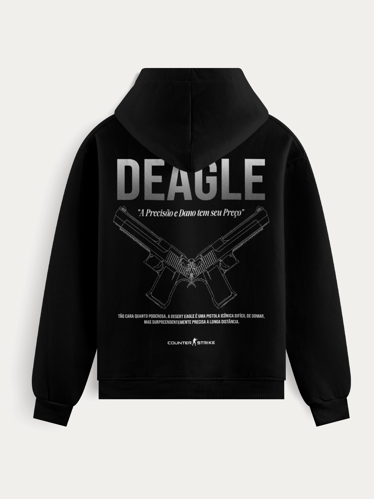 Moletom Desert Eagle Counter Strike Blueprint feito em algodão e poliéster premium, com estampa DTF de alta definição da pistola icônica. Confortável, resistente e ideal para fãs de estilo gamer autêntico.
