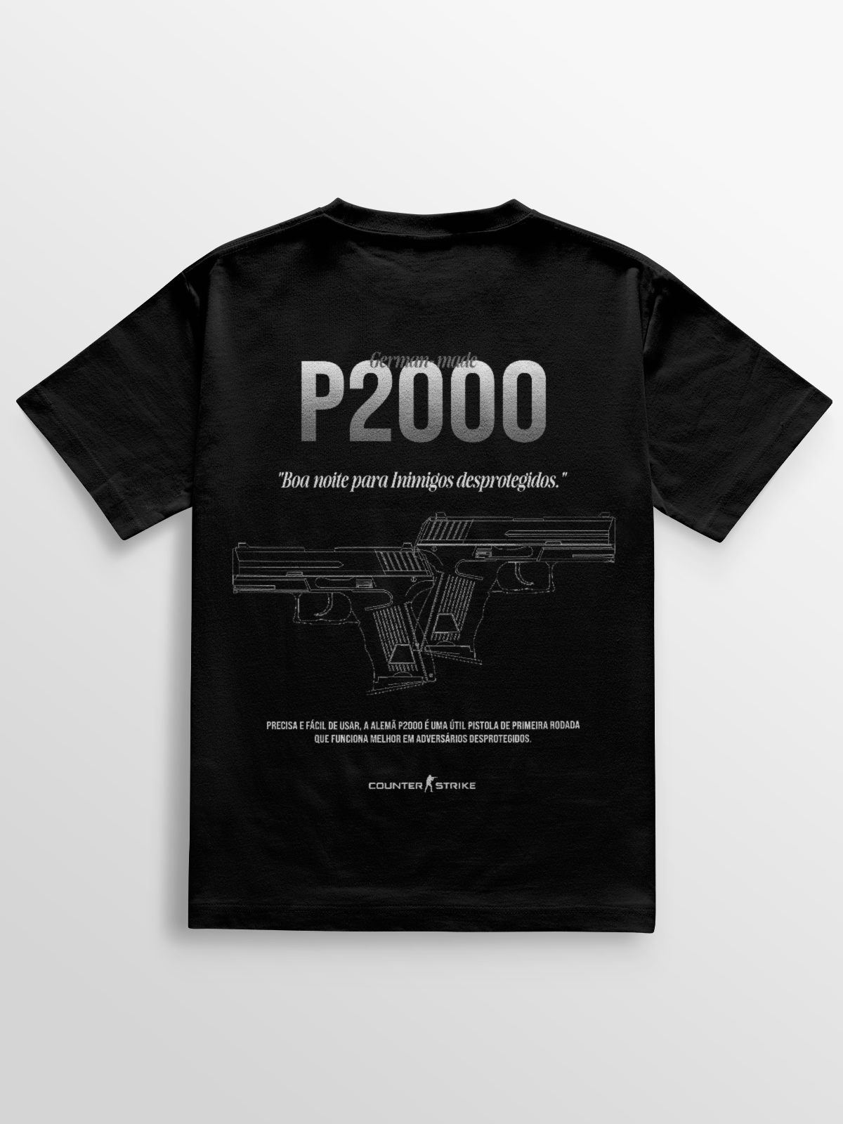 Camiseta com blueprint da P2000, frase temática e estampa DTF durável. Perfeita para entusiastas de CS que valorizam precisão e estilo.